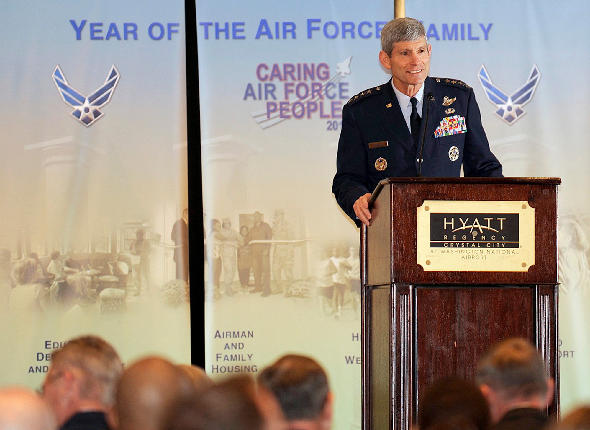 Air Force Chief of Staff Gen. Norton Schwartz addresses attendees April 19, 2010, at the second annual Caring for People forum in Washington, D.C.  Approximately 250 active-duty, Guard and Reserve Airmen and civilians gathered to address issues such as deployments, schools and housing, health and wellness, the unique challenges for families with special needs, single Airmen, and Guard and Reserve members.  (U.S. Air Force photo/Andy Morataya)
