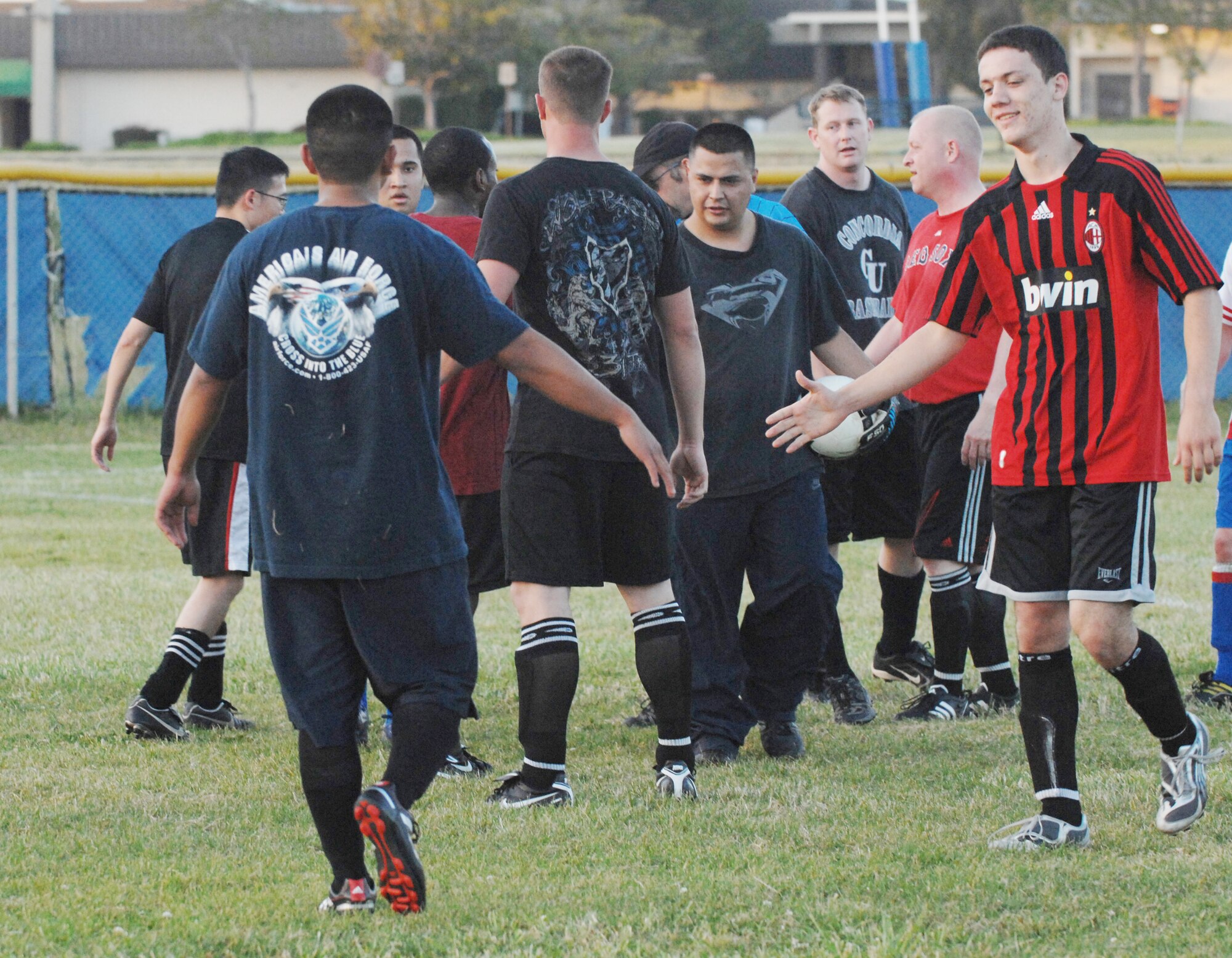 VANDENBERG AIR FORCE BASE, Calif. - The 30th Space Communications Squadron team members shake hands with 30th Medical Group team members at the end of an intramural soccer game here Monday, April 19, 2010. There are eight intramural soccer teams competing for first place this year. (U.S. Air Force photo/Senior Airman Christopher Hubenthal)




