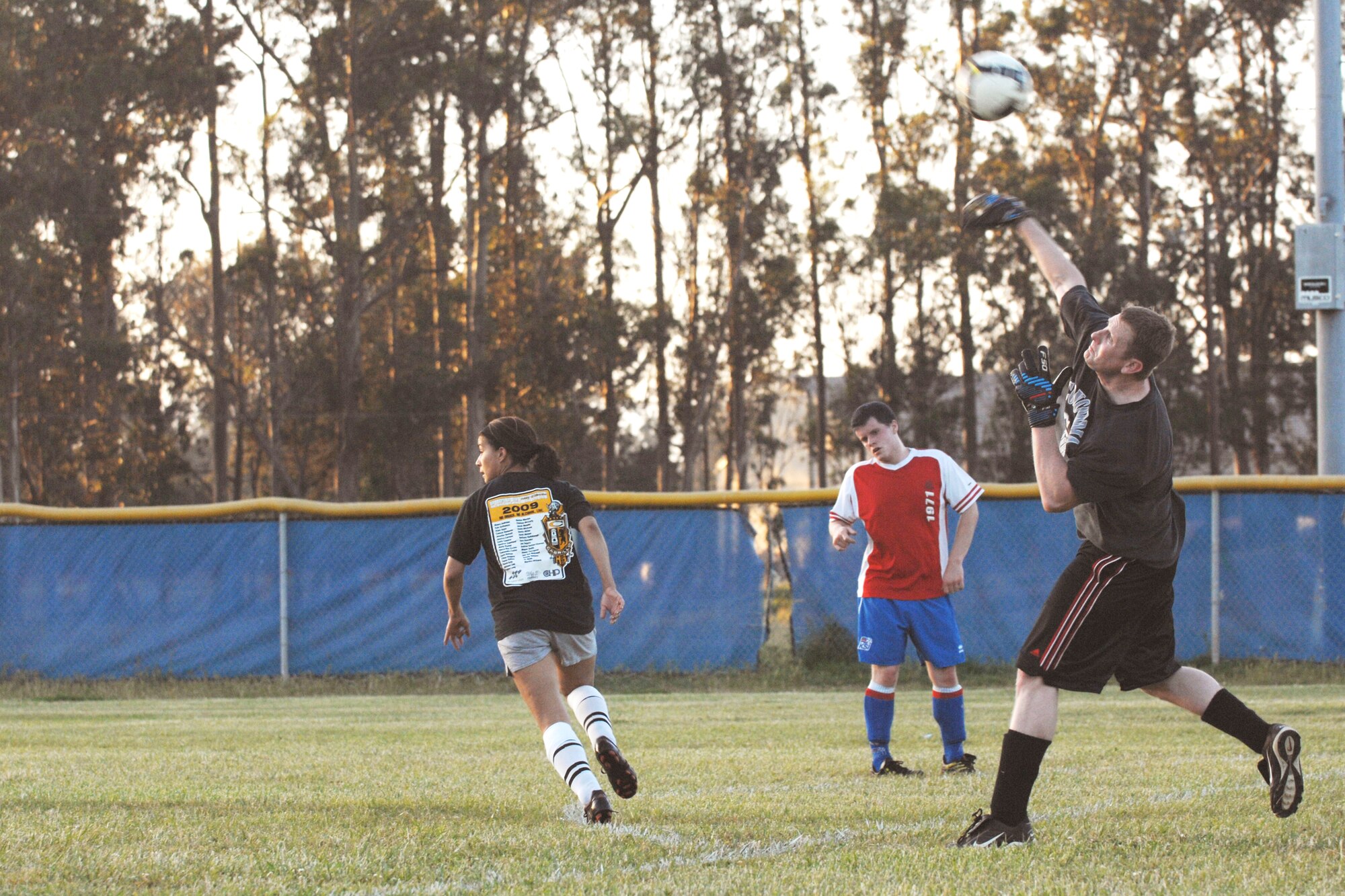 VANDENBERG AIR FORCE BASE, Calif. - Seeing an opening in the field, Michael Oertly, a 30th Medical Group team member, hurls the ball back into play during an intramural soccer game here Monday, April 19, 2010. There are eight intramural soccer teams competing for first place this year. (U.S. Air Force photo/Senior Airman Christopher Hubenthal)


