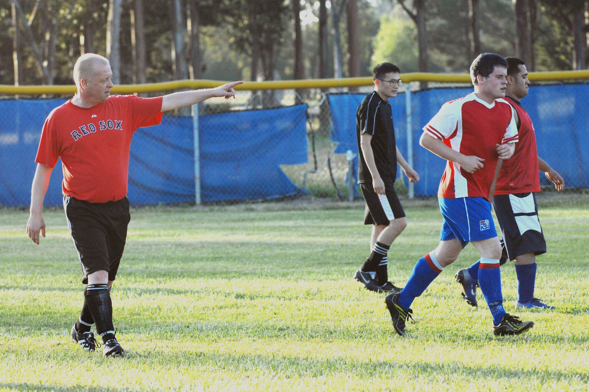 VANDENBERG AIR FORCE BASE, Calif. - Organizing the field, Stefan Bocchino, a 30th Space Communications Squadron team member, points to critical areas of the field during an intramural soccer game here Monday, April 19, 2010. The 30th SCS team defeated the 30th Medical Group team 8 - 3. (U.S. Air Force photo/Senior Airman Christopher Hubenthal)

