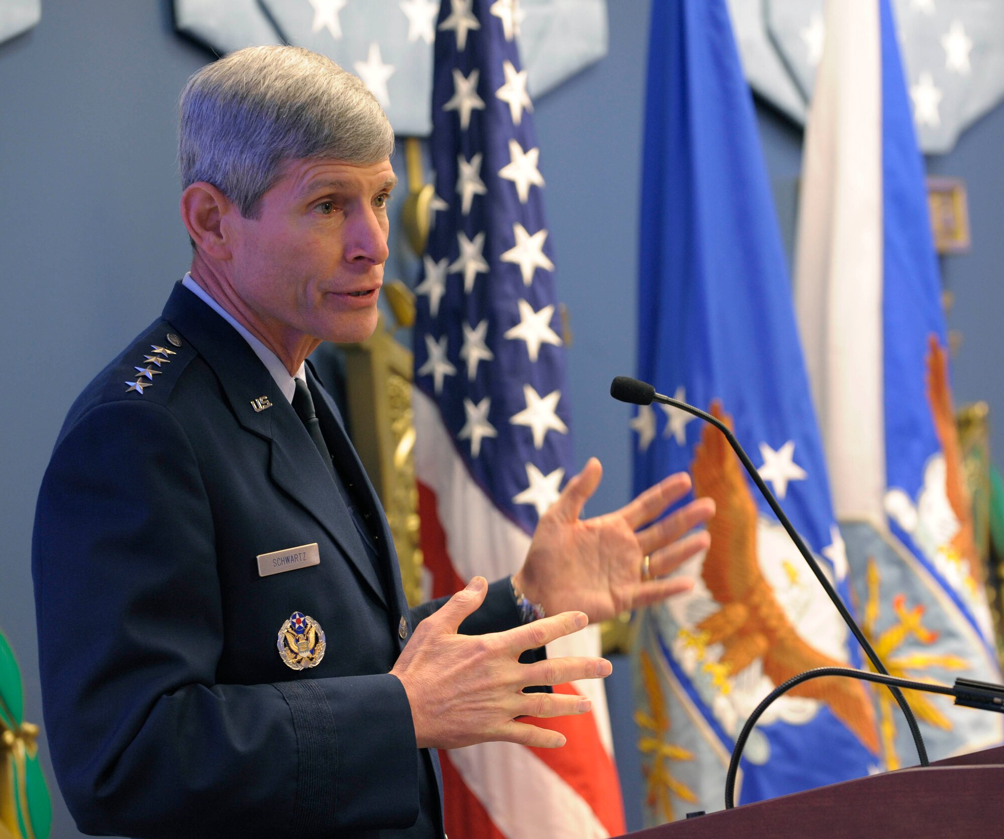Air Force Chief of Staff Gen. Norton Schwartz gives remarks April 21, 2010, prior to presenting the 2009 Lance P. Sijan Leadership Award to this year's recipients in a ceremony in the Pentagon's Hall of Heroes.  The award, named in honor of the first U.S. Air Force Academy graduate to receive the Medal of Honor, is presented annually to four Airmen who have demonstrated outstanding leadership abilities.  (U.S. Air Force photo/Jim Varhegyi)