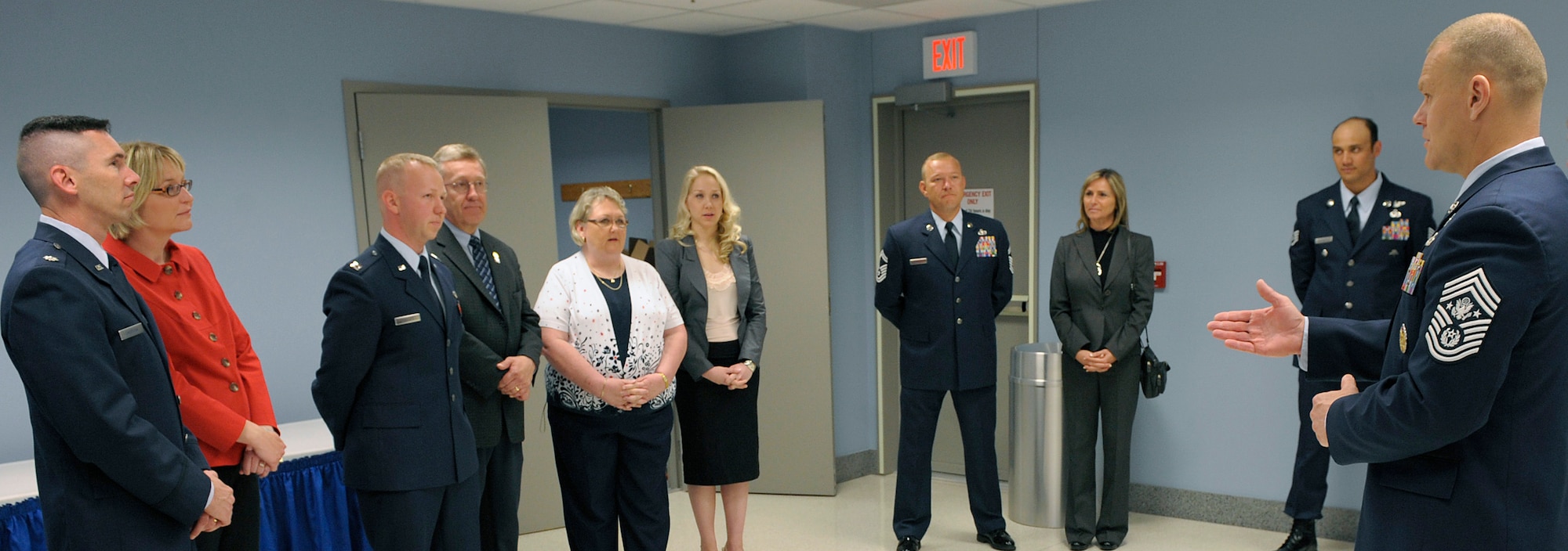Chief Master Sergeant of the Air Force James Roy meets with the recipients of the 2009 Lance P. Sijan Leadership Award and their families prior to a presentation ceremony April 21, 2010, in the Pentagon's Hall of Heroes.  The award, named for Capt. Lance P. Sijan, a Medal of Honor recipient who served in Vietnam, was created in 1981 to recognize individuals who demonstrate the highest qualities of leadership both in and out of uniform. (U.S. Air Force photo/Jim Varhegyi)