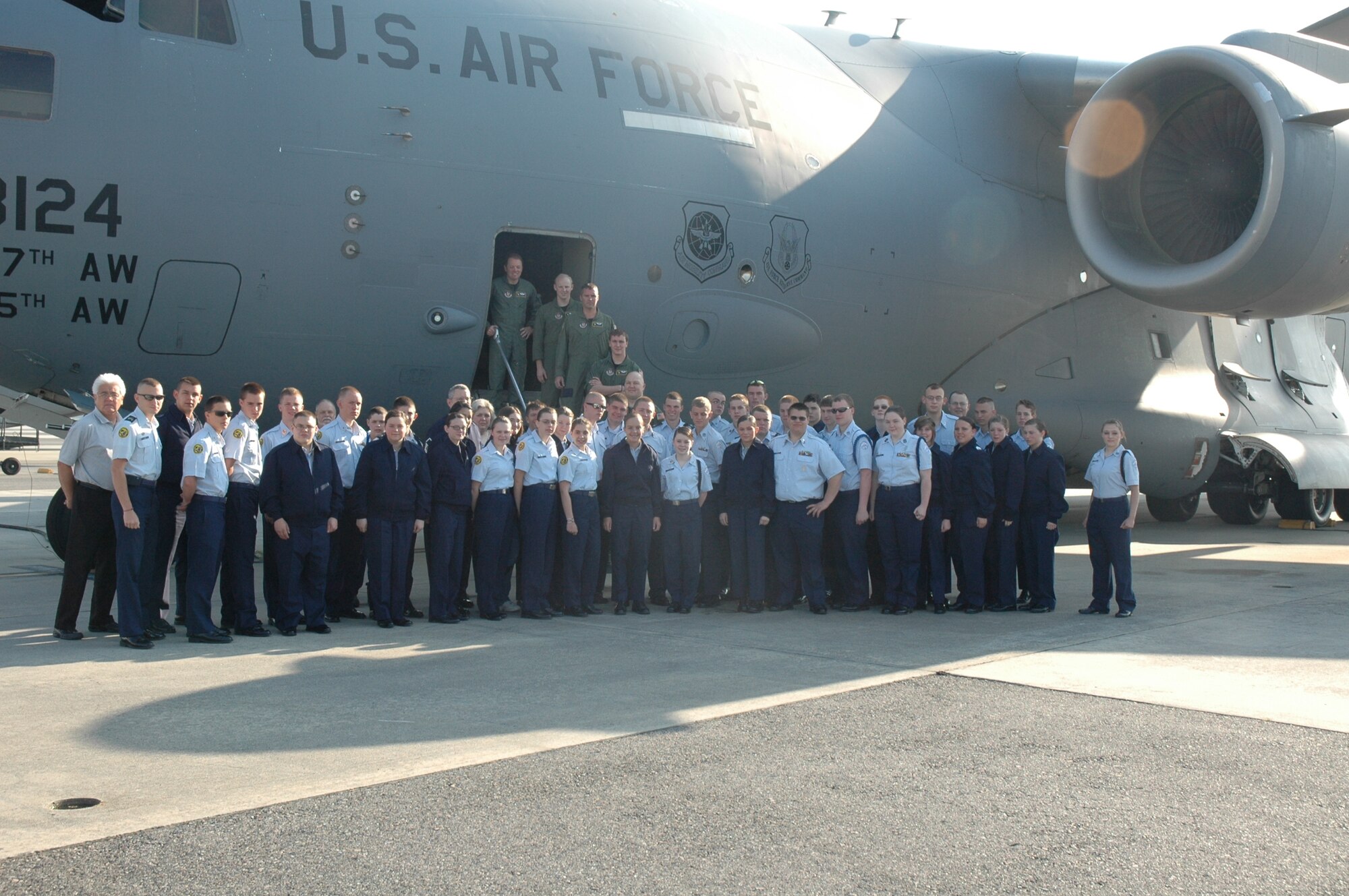 The 315th Airlift Wing, Charleston Air Force Base, S.C. hosted a base tour for 45 Junior ROTC cadets from Tuscola Highschool in Waynesville N.C. Thursday, April 22. .
Stops included a mission briefing and  tours of a C-17 and  air crew life support where they saw a demonstration of night vision goggle technology and the parachute shop.

 