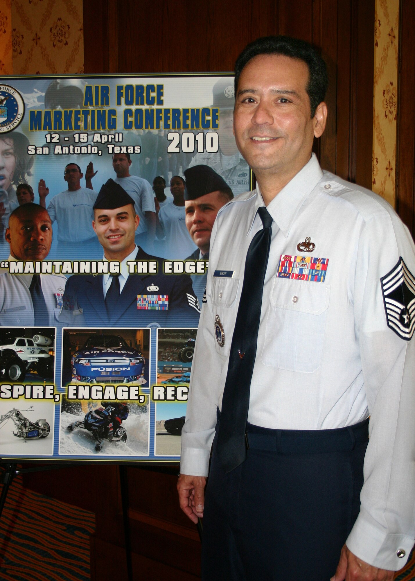 Chief Master Sgt. Douglas Sikat, shown at this year’s Air Force Marketing Conference, will retire from the Air Force April 23 with 30 years of service -- with nearly 26 of those in recruiting. (U.S. Air Force photo/Dale Eckroth)