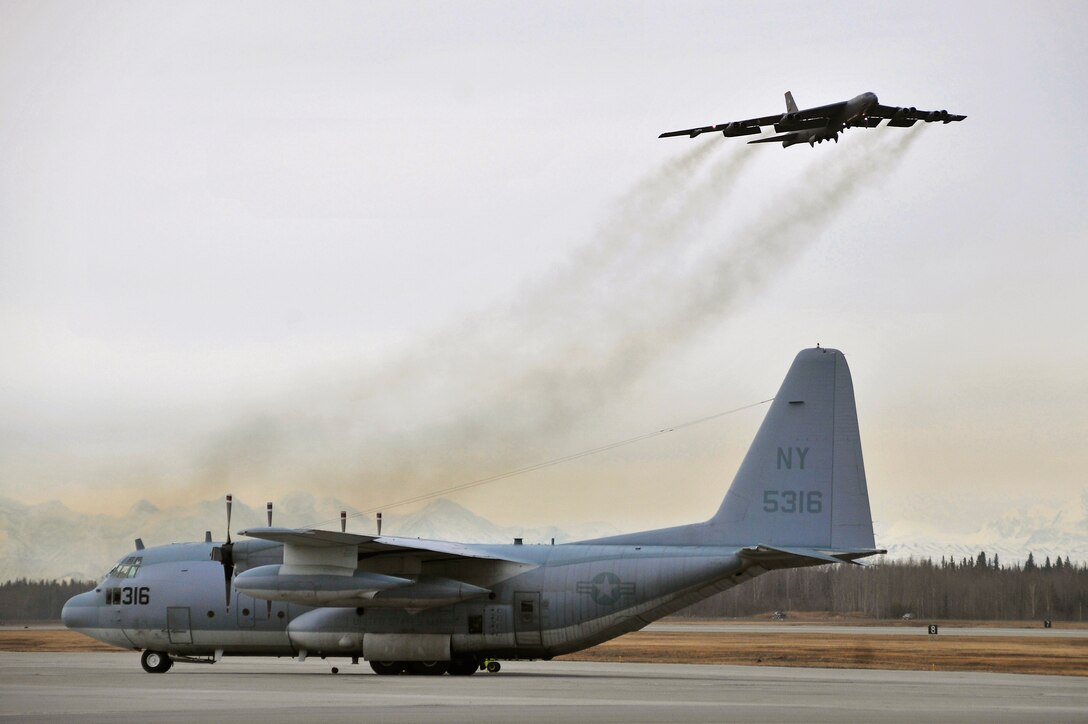 A B-52H Stratofortress launches during Red Flag-Alaska 10-2, April 19, 2010, at Eielson Air Force Base, Alaska. The B-52 is assigned to Barksdale AFB, La. (U.S. Air Force photo/Staff Sgt. Christopher Boitz)