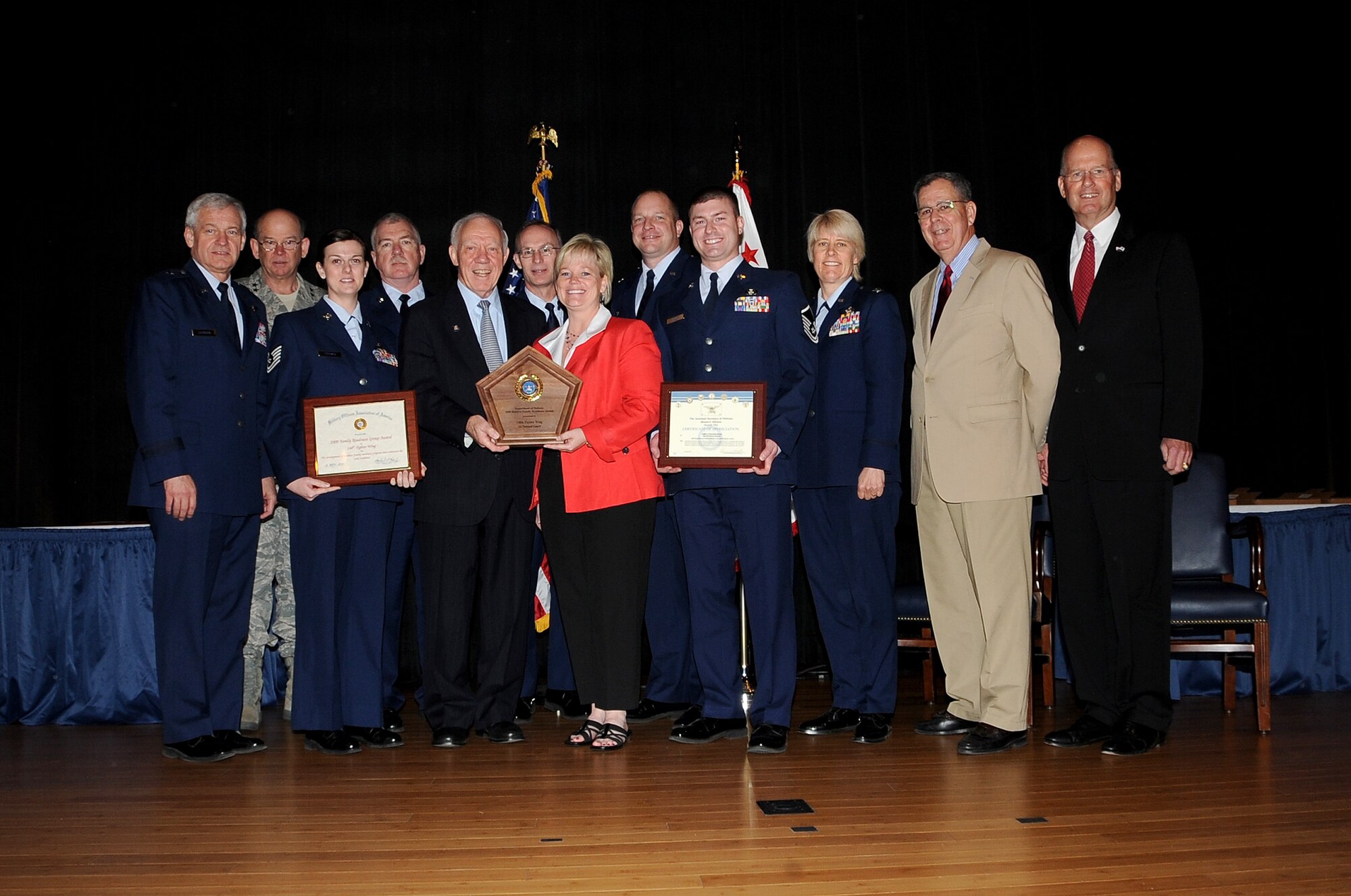 The Air National Guard's 148th Fighter Wing in Duluth, Minn. receives the DoD Family Readiness Award at a Pentagon ceremony April 16, 2010.  The unit was recognized as one of the best National Guard and Reserve family programs.