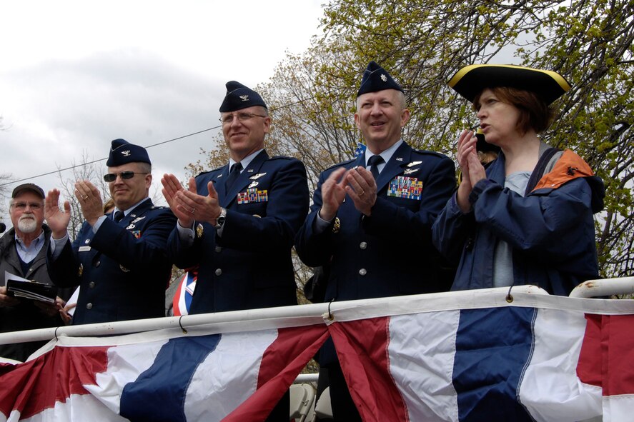 LEXINGTON, Mass. – Col. Charles F. Thompson, commander of the 66th Air Base Wing; Col. William Leister, commander of the 950th Electronic Systems Group and Lt. Col. Randy Robertson, 66th Mission Support Group vice commander take part in the Lexington Patriot’s Day parade on April 19. (U.S. Air Force photo by Linda LaBonte Britt)