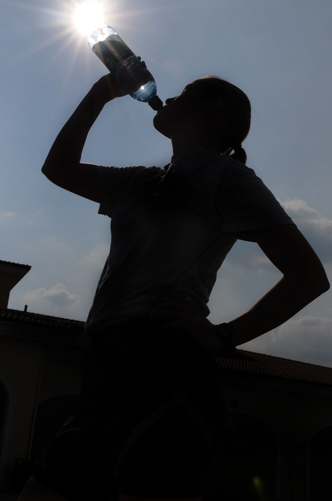 During physical activites, it is essential for Airmen to stay hydrated to prevent heat related injuries. On average, adult men and women should aim for 11 to 16 cups of total fluids a day to keep their bobies properly hydrated. (U.S. Air Force photo/Staff Sgt. Nadine Y. Barclay)