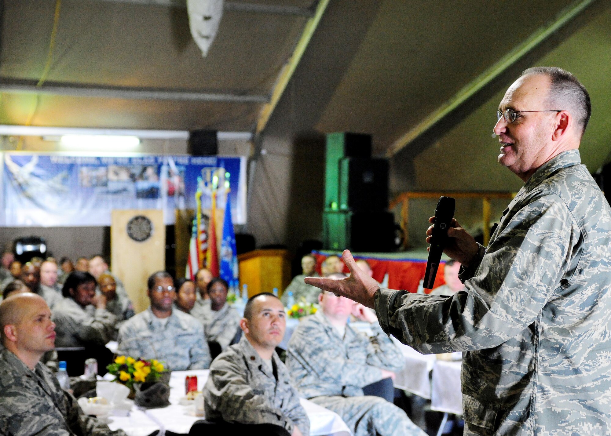 Col. Jerry Lewis, U.S. Air Forces Central Command Chaplain, presides over the National Prayer Luncheon speaking on ?Hope in times like these,? at the Transit Center at Manas, Kyrgyzstan, April 21, 2010.  (U.S. Air Force photo/ Senior Airman Nichelle Anderson/ released)