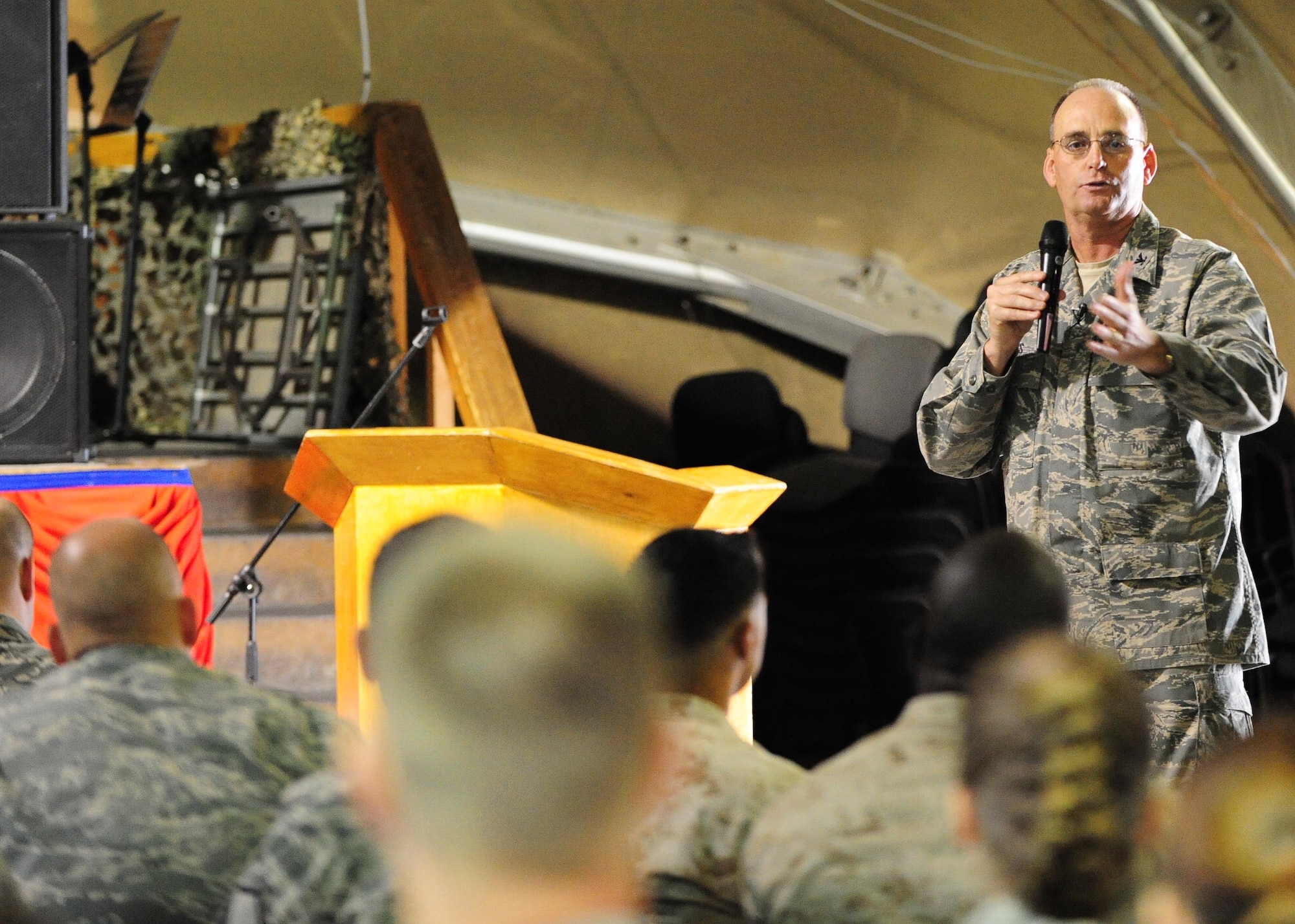 Col. Jerry Lewis, U.S. Air Forces Central Command Chaplain, presides over the National Prayer Luncheon speaking on ?Hope in times like these,? at the Transit Center at Manas, Kyrgyzstan, April 21, 2010.  (U.S. Air Force photo/ Senior Airman Nichelle Anderson/ released)