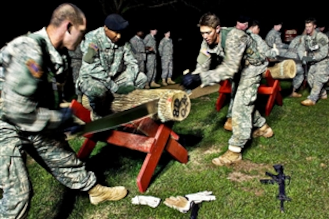 U.S. Army soldiers work as a team at the long-saw event during the final phase of the Best Sapper Competition on Fort Leonard Wood, Mo., April 20, 2010. The Best Sapper Competition gives engineers throughout the Army the opportunity to compete in a grueling three-day competition to determine the best engineers in the Army. 