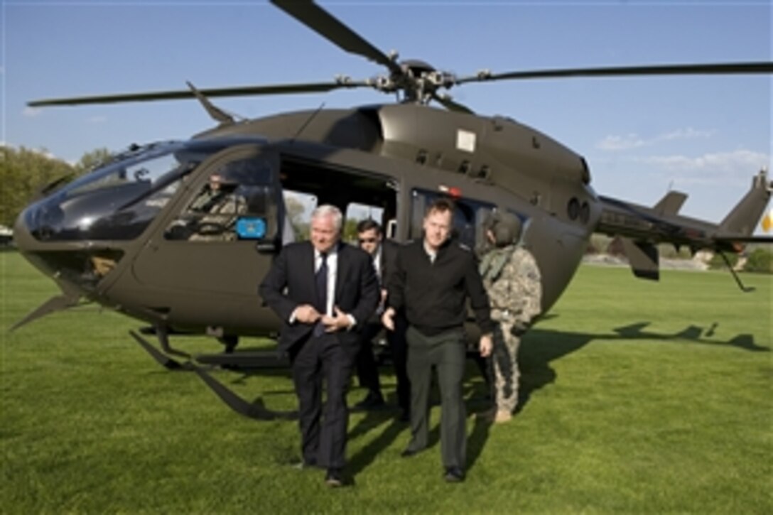 Defense Secretary Robert M. Gates and Army Lt. Gen. Franklin L. Hagenbeck, 57th Superintendent of the United States Military Academy at West Point, arrive at West Point, N.Y., April 22, 2010.  