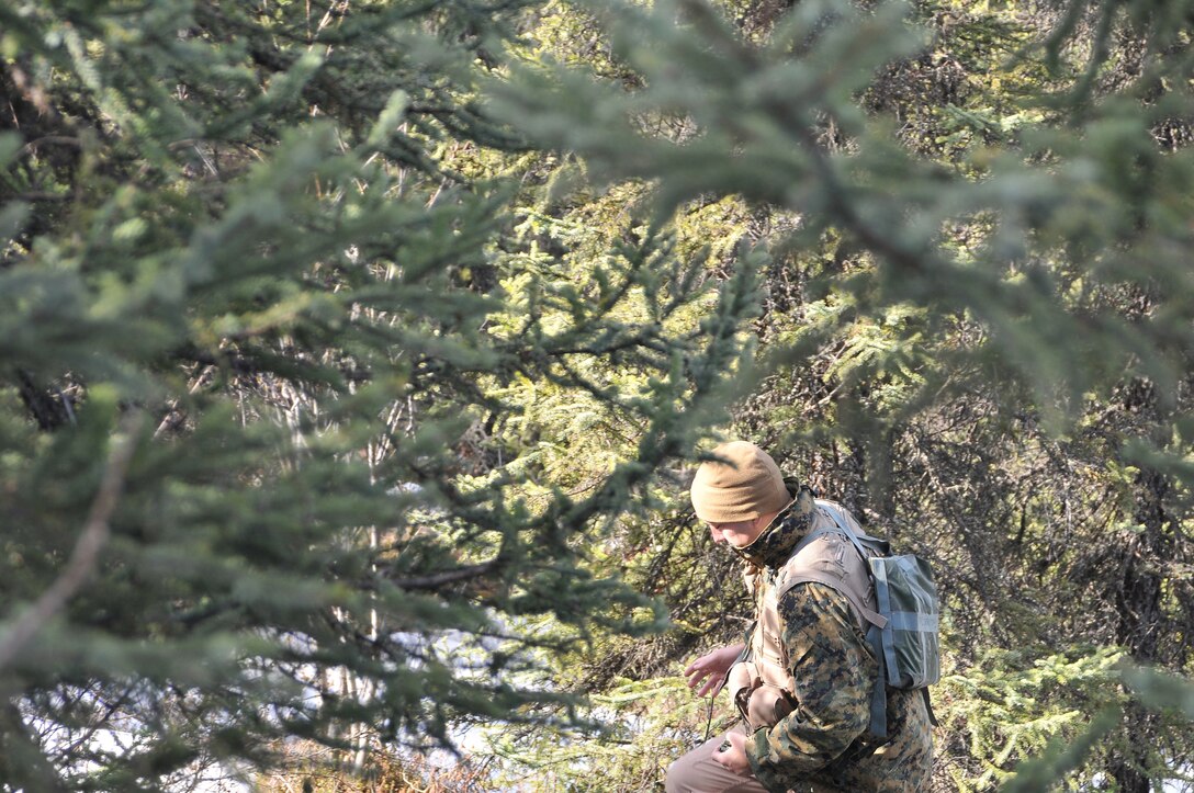Capt. Kevin Smalley, Marine Attack Squadron 211 pilot, navigates through forest to rendezvous with his rescuer during survival, evasion, resistance and escape training at the Joint Pacific Alaskan Range Complex in Alaska April 22, 2010.