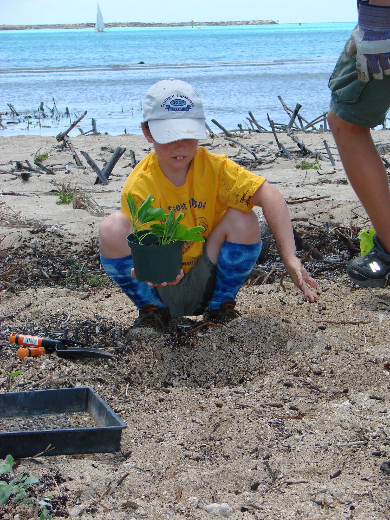 JOINT BASE PEARL HARBOR HICKAM, Hawaii - Kamehameha District Boys Scouts help aid in planting native Hawaiian plants as part of the Trees Across America campaign here, April 15. Trees Across America is part of the celebration of the 40th anniversary of Earth Day. More than 40 Air Force installations participated in the event. (photo/Joel Helm)
