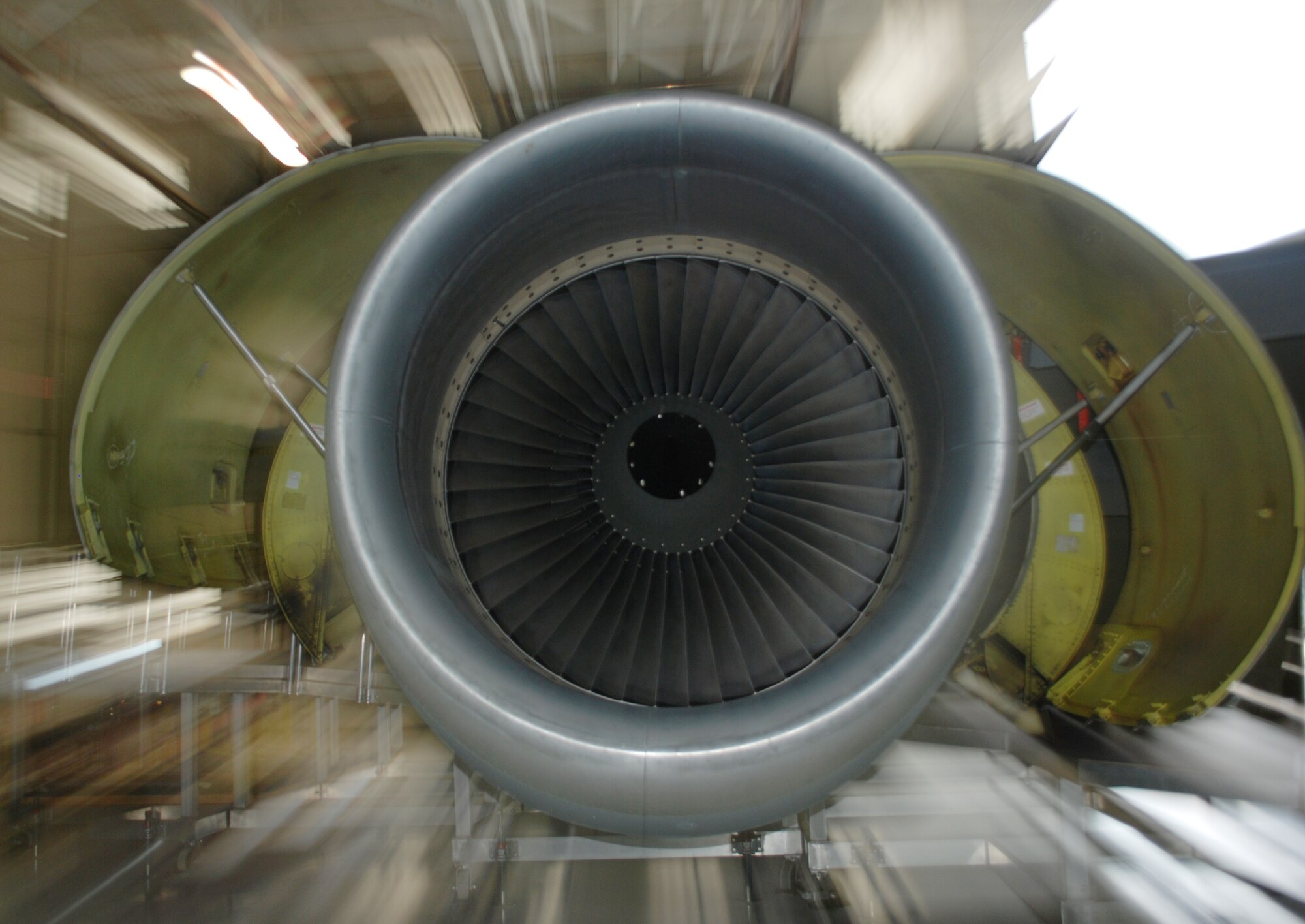 A KC-135 Stratotanker engine sits in the isochronal inspection dock at McConnell Air Force Base, Kan., April 22, 2010. The isochronal inspection, which occurs every 15 to18 months, is a thorough 10-day evaluation of historically documented aircraft trouble areas. (U.S. Air Force photo/2nd Lt. Nicholas Mercurio)