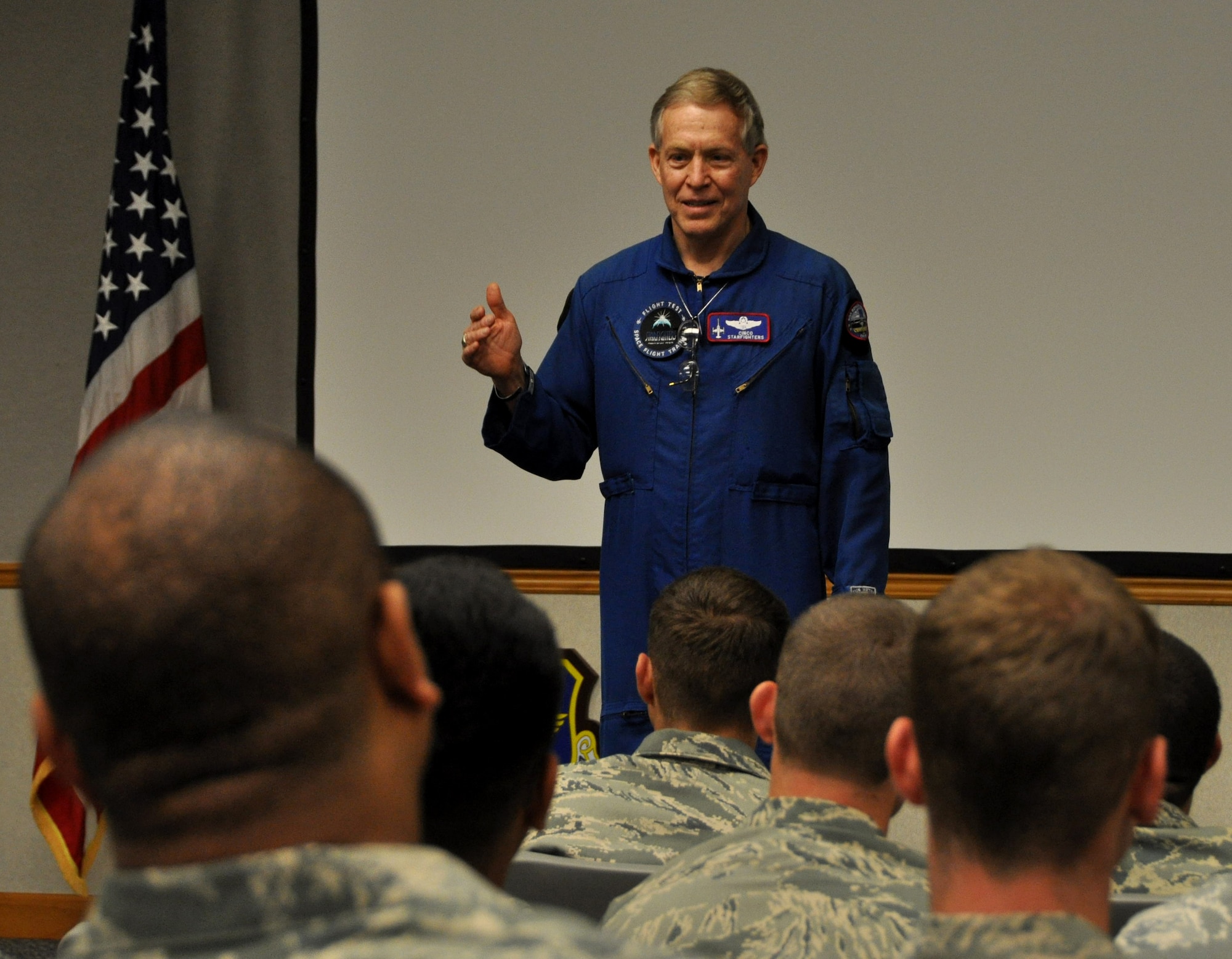 Retired Brigadier General Stephen Ritchie speaks to the Tyndall Airman Leadership School April 22 at the 325th Air Control Squadron Auditorium. (U.S. Air Force photo by Airman 1st Class Rachelle Elsea)