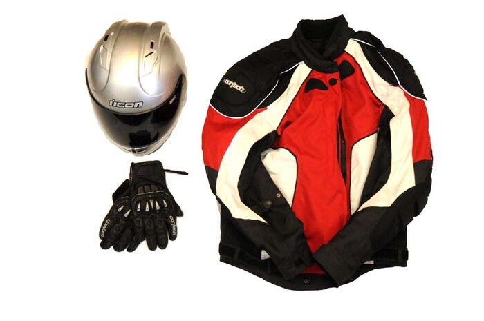 Personal protective equipment is essential to safety while riding motorcycles. A helmet, jacket and gloves are a few pieces of equipment required to operate a motorcycle on a military installation. (Air Force photo by Airman 1st Class David Tracy)