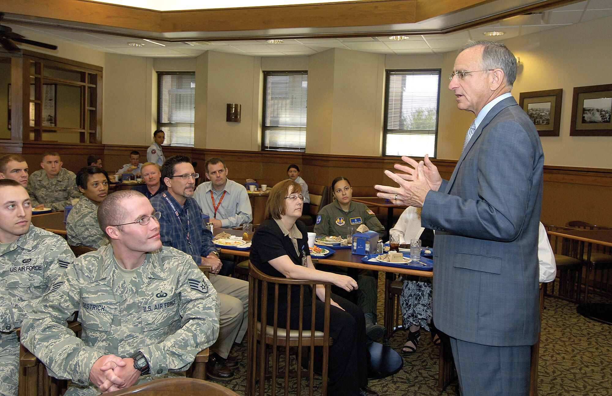 Retired Air Force Lt. Gen. Michael Zettler returned to familiar turf here April 12-16 on an information gathering visit in his position as the senior advisor to Lt. Gen. Loren Reno, Air Force deputy chief of staff, Logistics, Installations and Mission Support.  General Zettler, who commanded the Oklahoma City Air Logistics Center in 1999 and 2000, visited wings, associate units, civilian and military personnel, toured dorms and spoke with aircraft mechanics during a few of his many stops to learn about operations and quality of life for the personnel at Tinker. (Air Force photo by Margo Wright)
