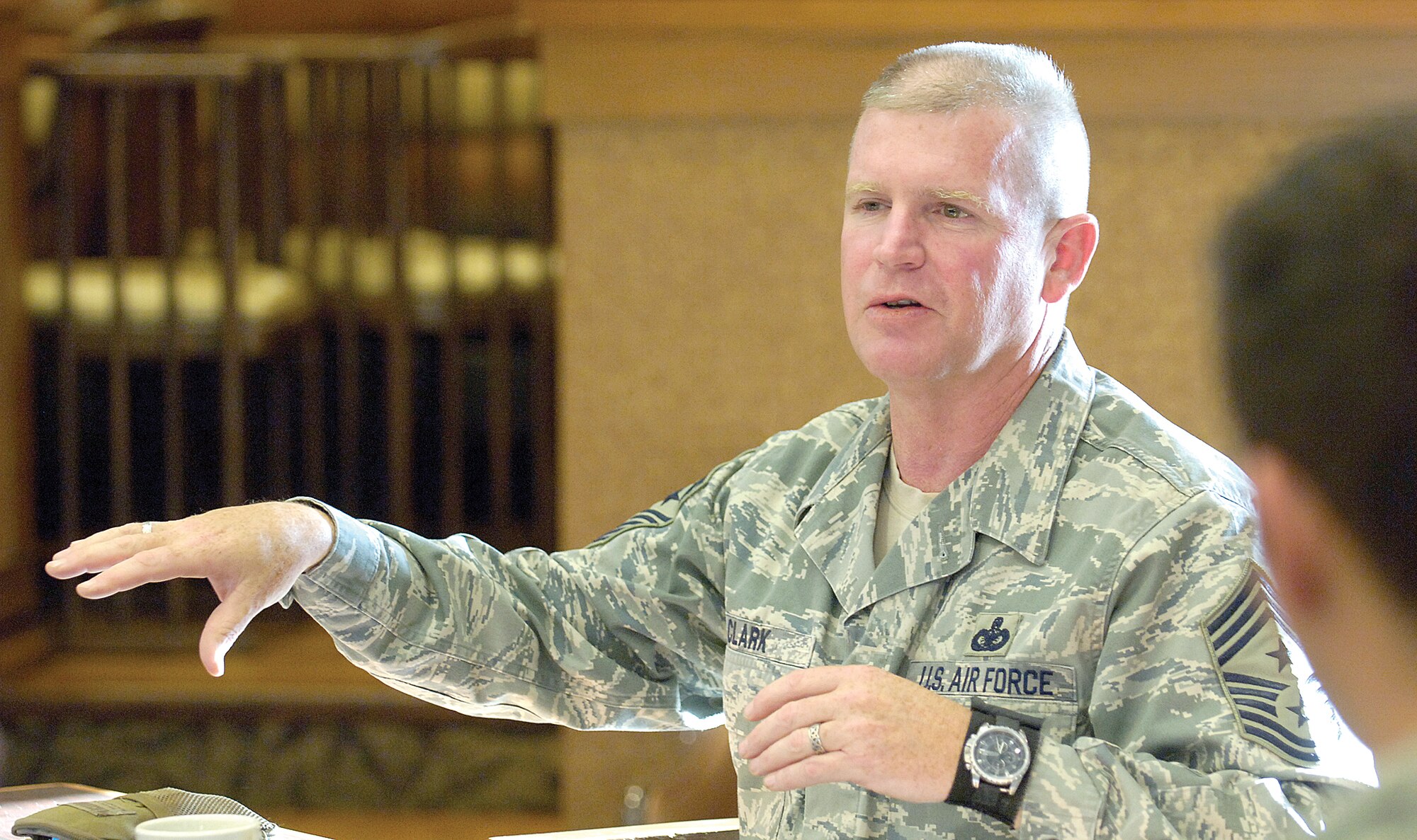 Twelfth Air Force Command Chief Master Sgt. Harold Clark visited with Airmen from the 552nd Air Control Wing recently. (Air Force photo by Margo Wright)