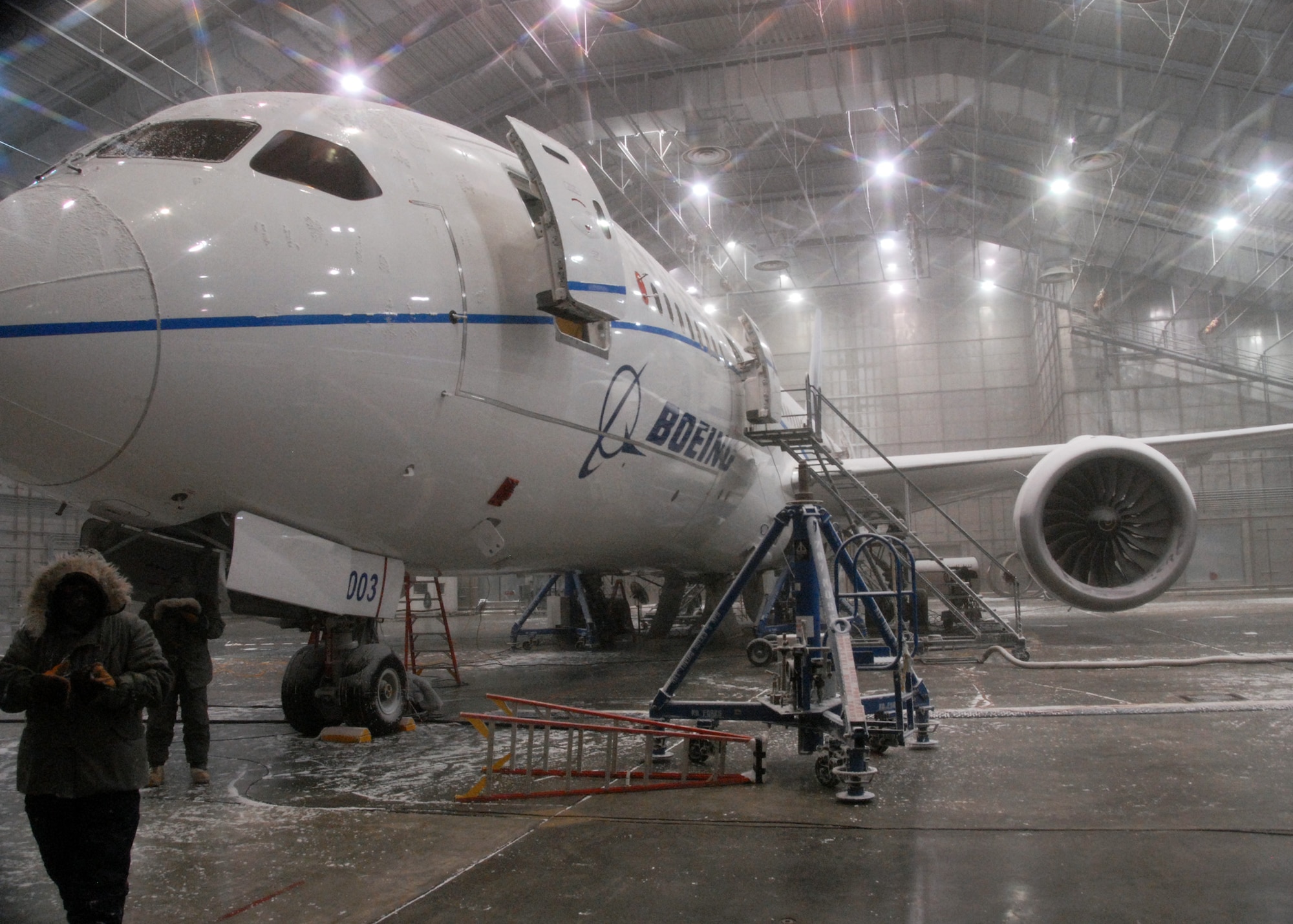 A Boeing 787 Dreamliner “soaks” in -45 degree temperatures inside the McKinley Climatic Lab April 22 at Eglin Air Force Base, Fla.  The new aircraft is being tested in extreme heat and cold for two weeks prior to its release at the end of year.  The Climatic Lab, which began testing in 1947, is the largest climate testing facility in the world.  (U.S. Air Force photo/Samuel King Jr.)