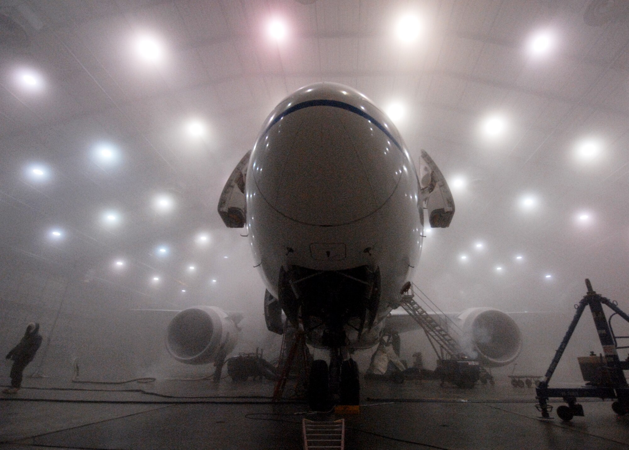 A Boeing 787 Dreamliner “soaks” in -45 degree temperatures inside the McKinley Climatic Lab April 21 at Eglin Air Force Base, Fla.  The new aircraft is being tested in extreme heat and cold for two weeks prior to its release at the end of year.  The Climatic Lab, which began testing in 1947, is the largest climate testing facility in the world.  (U.S. Air Force photo/Samuel King Jr.)
