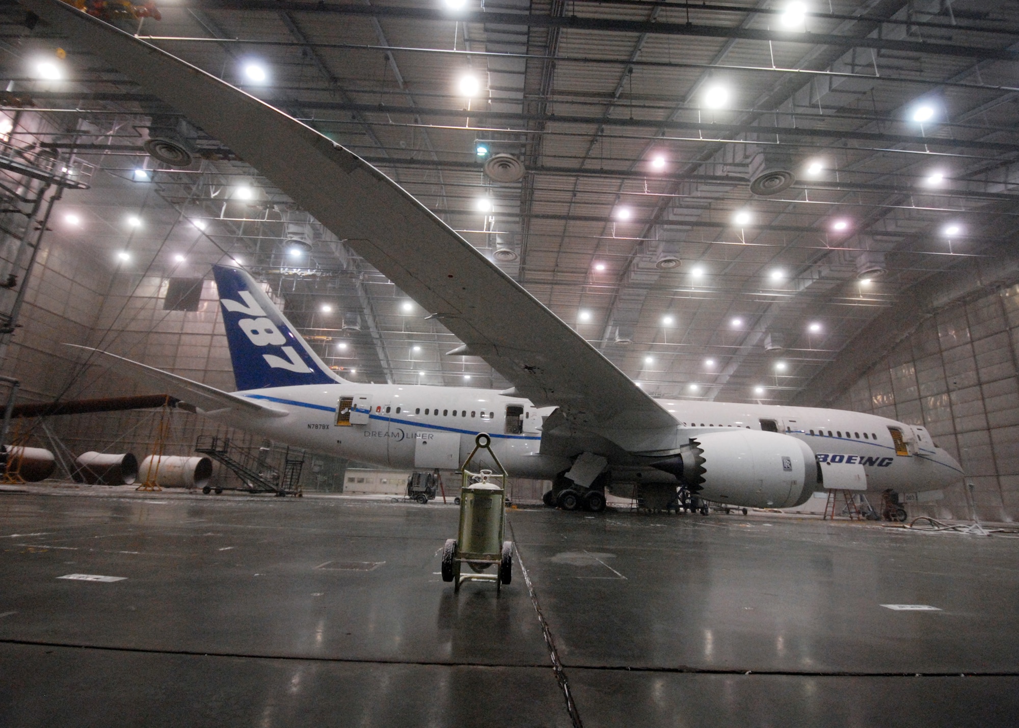A Boeing 787 Dreamliner “soaks” in -45 degree temperatures inside the McKinley Climatic Lab April 22 at Eglin Air Force Base, Fla.  The new aircraft is being tested in extreme heat and cold for two weeks prior to its release at the end of year.  The Climatic Lab, which began testing in 1947, is the largest climate testing facility in the world.  (U.S. Air Force photo/Samuel King Jr.)