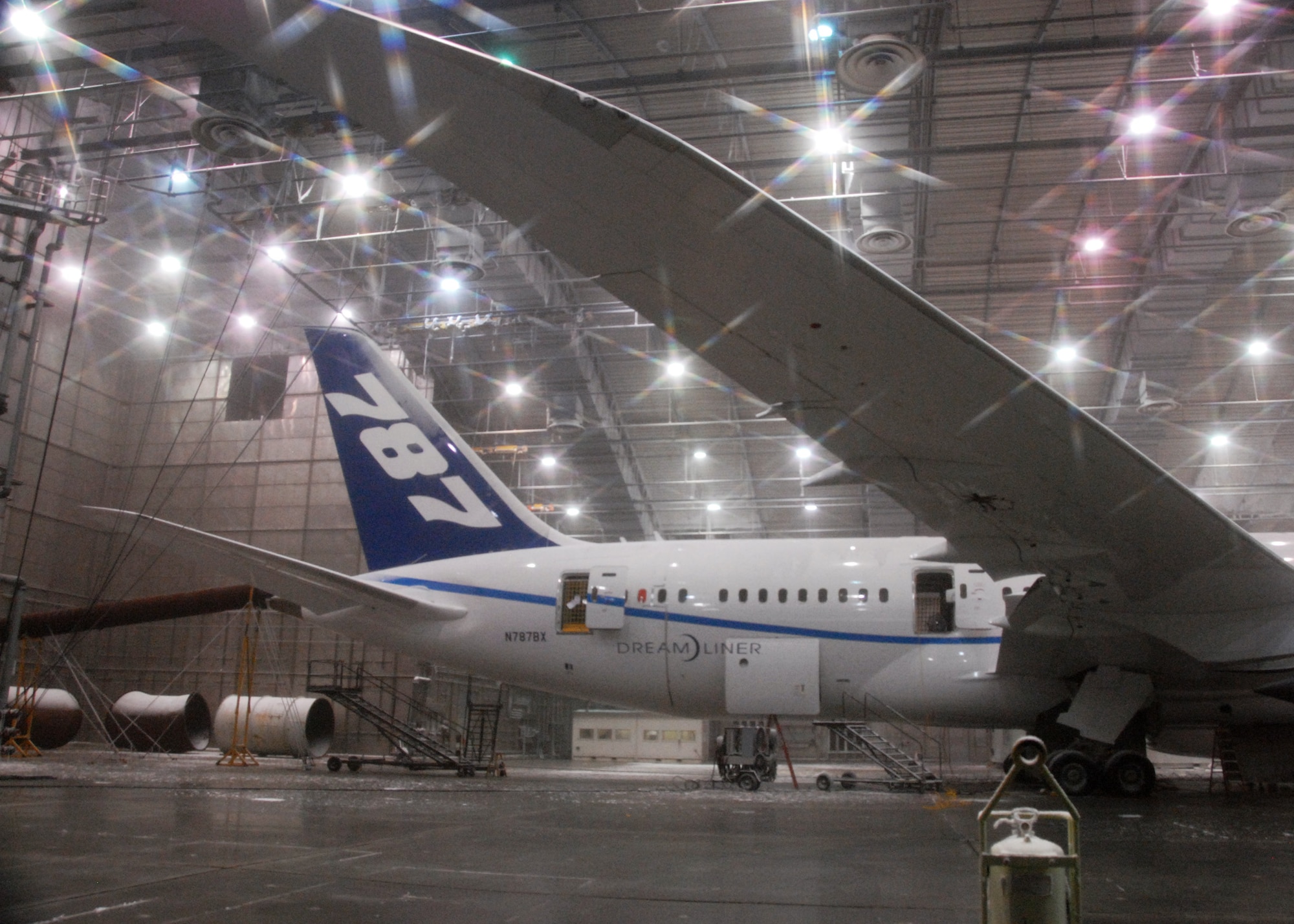 A Boeing 787 Dreamliner “soaks” in -45 degree temperatures inside the McKinley Climatic Lab April 22 at Eglin Air Force Base, Fla.  The new aircraft is being tested in extreme heat and cold for two weeks prior to its release at the end of year.  The Climatic Lab, which began testing in 1947, is the largest climate testing facility in the world.  (U.S. Air Force photo/Samuel King Jr.)