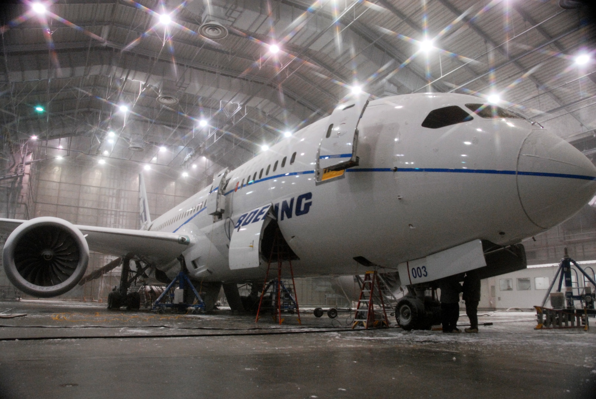 A Boeing 787 Dreamliner “soaks” in -45 degree temperatures inside the McKinley Climatic Lab April 22 at Eglin Air Force Base, Fla.  The new aircraft is being tested in extreme heat and cold for two weeks prior to its release at the end of year.  The Climatic Lab, which began testing in 1947, is the largest climate testing facility in the world.  (U.S. Air Force photo/Samuel King Jr.)