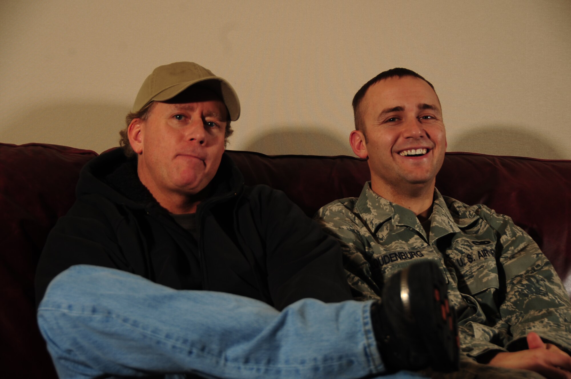 ELLSWORTH AIR FORCE BASE, S.D. -- (Right to left) Airman 1st Class Aaron Loudenburg, 28th Communications Squadron ground radio technician, and his long-lost father: Derek Johnson, a resident of Twin Falls, Idaho.  Airman Loudenburg had been searching for his father since he was 12 years old, after he gathered enough courage to talk with his mother about him. (U.S. Air Force photo/Airman 1st Class Anthony Sanchelli)
