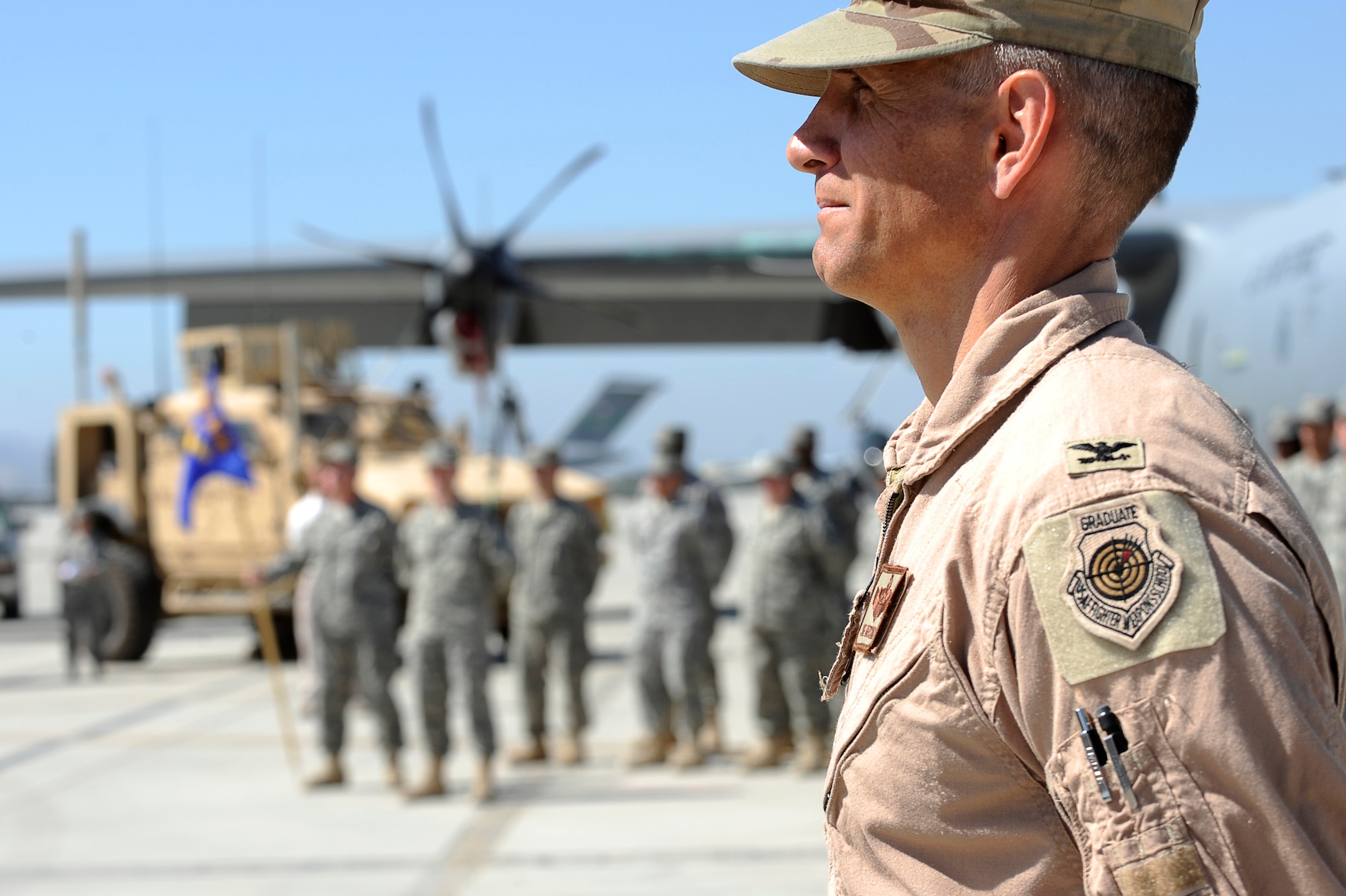 U.S. Air Force Col. Joe Beissner, vice commander, 455th Air Expeditionary Wing, serves as troop commander during the 455th AEW change of command at Bagram Airfield, Afghanistan, April 23, 2010. (U.S. Air Force photo by/ Tech. Sgt. Jeromy K. Cross/released)