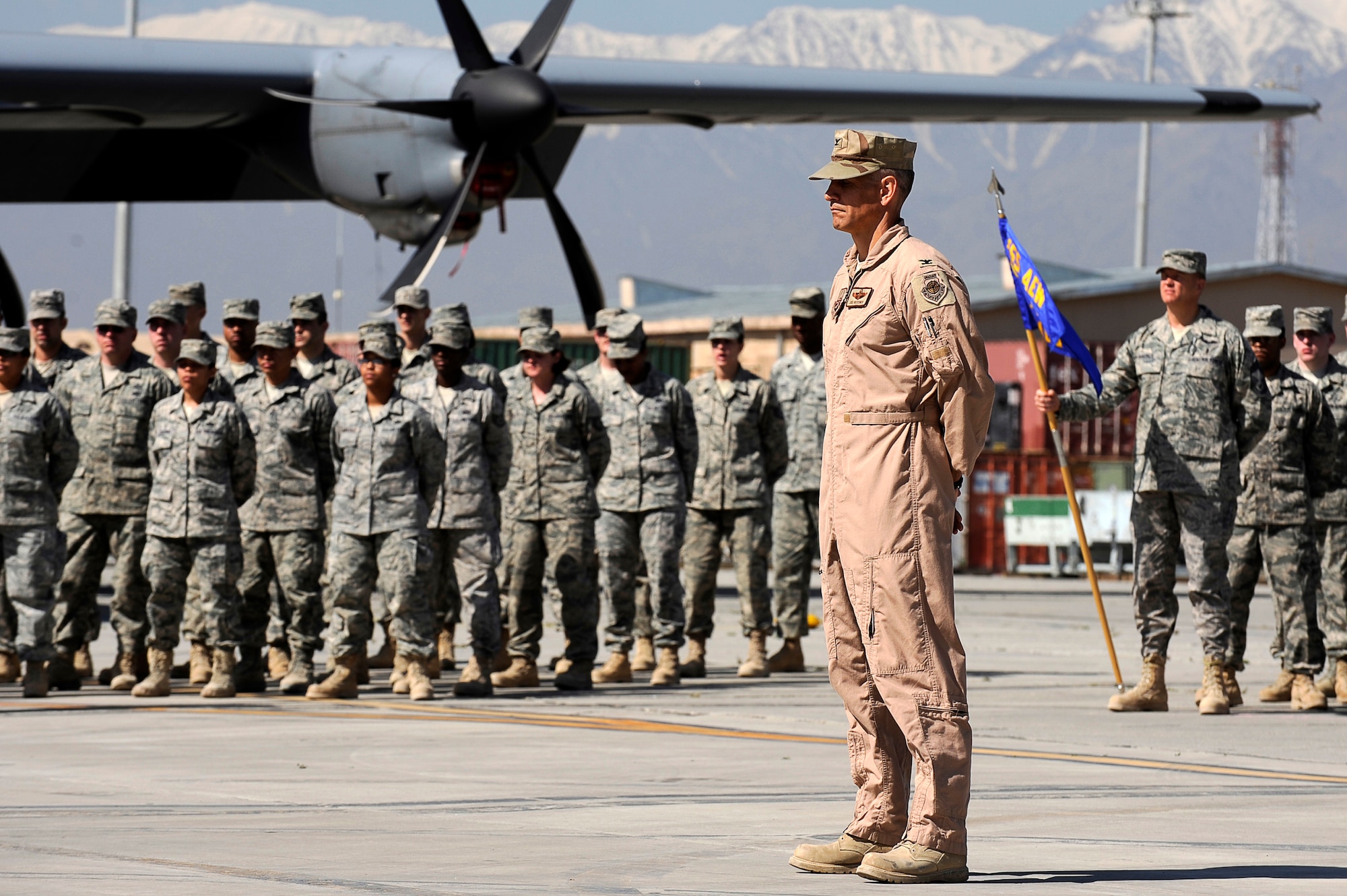 U.S. Air Force Col. Joe Beissner, vice commander, 455th Air Expeditionary Wing, serves as troop commander during the 455th AEW change of command at Bagram Airfield, Afghanistan, April 23, 2010. (U.S. Air Force photo by/ Tech. Sgt. Jeromy K. Cross/released)