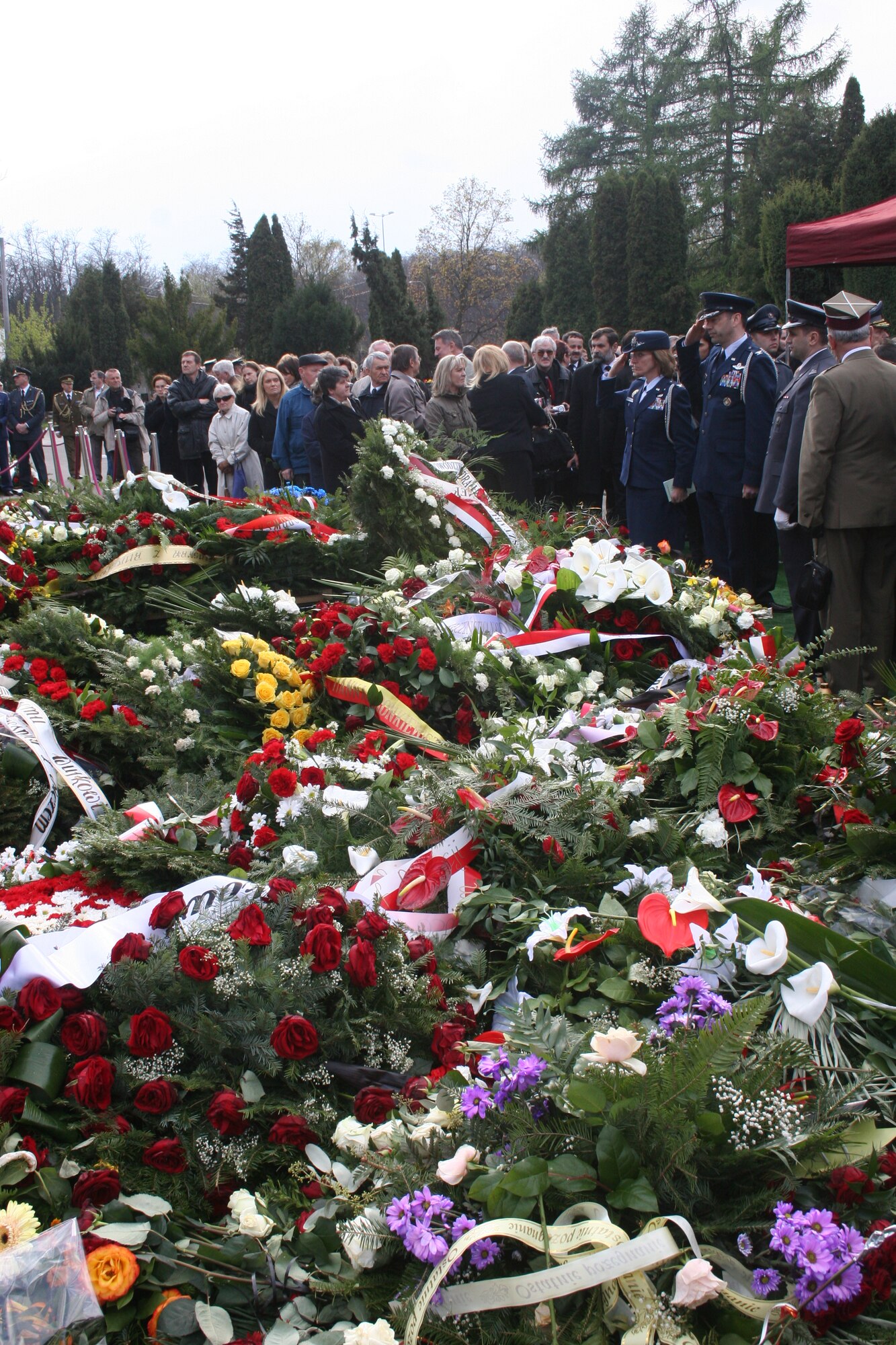 Air Force Cols. Mary Peterson and Tim Burke present final salutes among a
sea of flowers to Polish Gen. Franciszek Gangor, Chief of the General Staff
of the Polish Armed Forces, at Warsaw’s Powazki Cemetery April 21. Colonel Burke
is the chief of the U.S. Embassy’s Office of Defense Cooperation, and
Colonel Peterson is the Defense Air Attaché. (U.S. Air Force photo/Lt. Col. Pamela Cook)