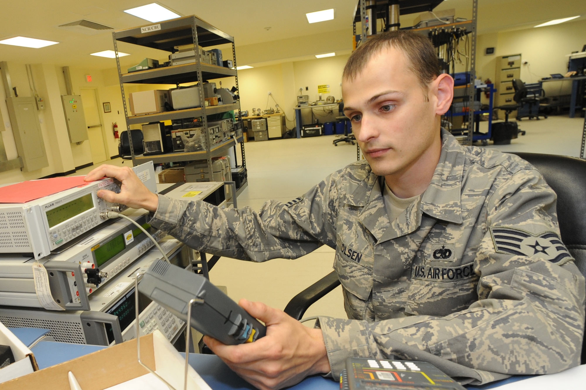 Staff Sgt. Gregory Olsen, 379th Expeditionary Maintenance Squadron Precision Measurement Equipment Laboratory technician, calibrates a test set at a non-disclosed Southwest Asia location, Mar 31, 2010. (U.S. Air Force photo by Tech. Sgt. Michelle Larche)[RELEASED]