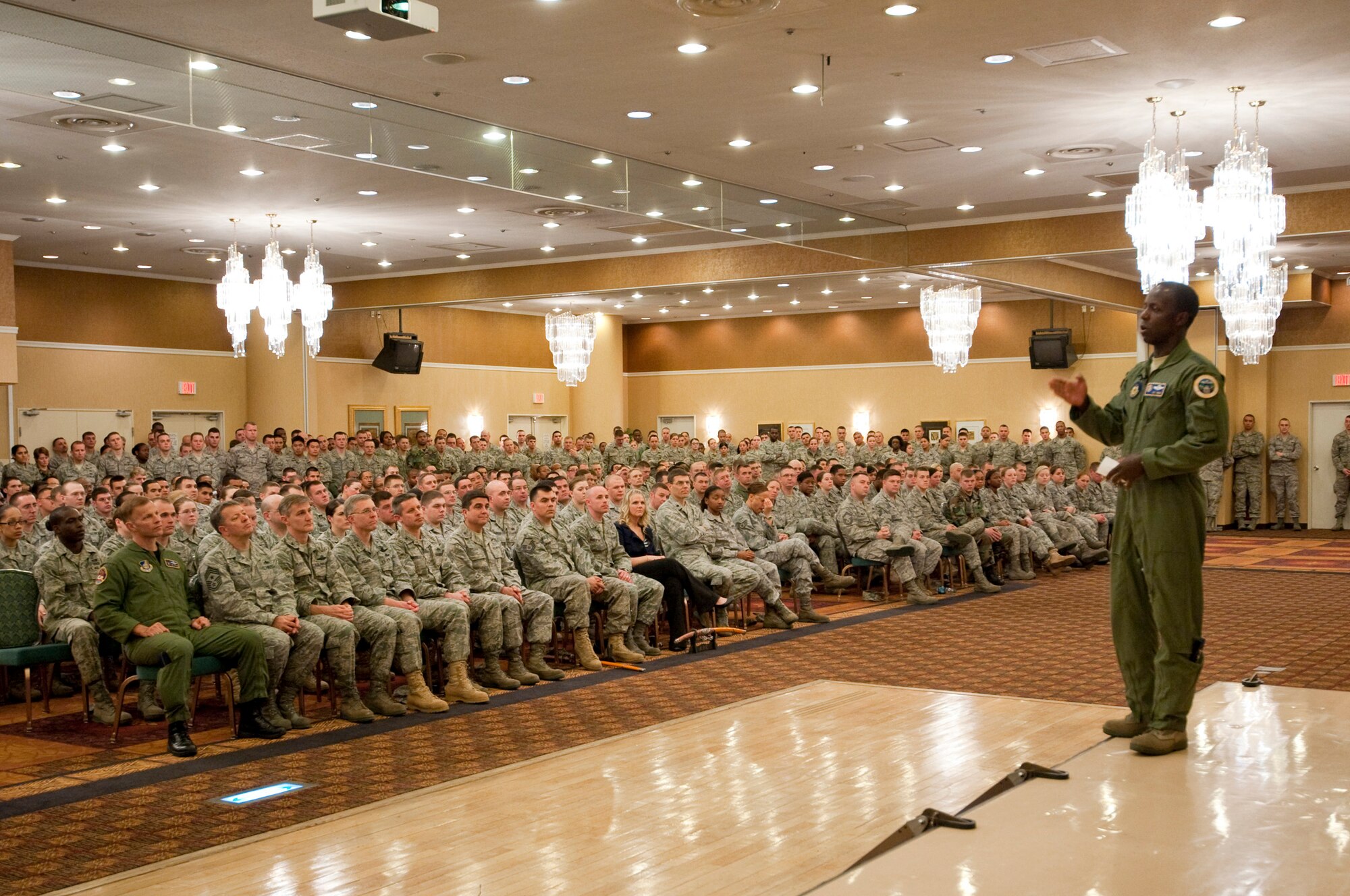 MISAWA AIR BASE, Japan -- Lt. Gen. Edward Rice Jr., U.S. Forces Japan and 5th Air Force commander, talks to the men and women of the 35th Fighter Wing at the Collocated Club April 22. General Rice finished his speech with a question and answer session to allow Misawa Airmen to directly ask about issues concerning them. (U.S. Air Force photo/Staff Sgt. Samuel Morse)