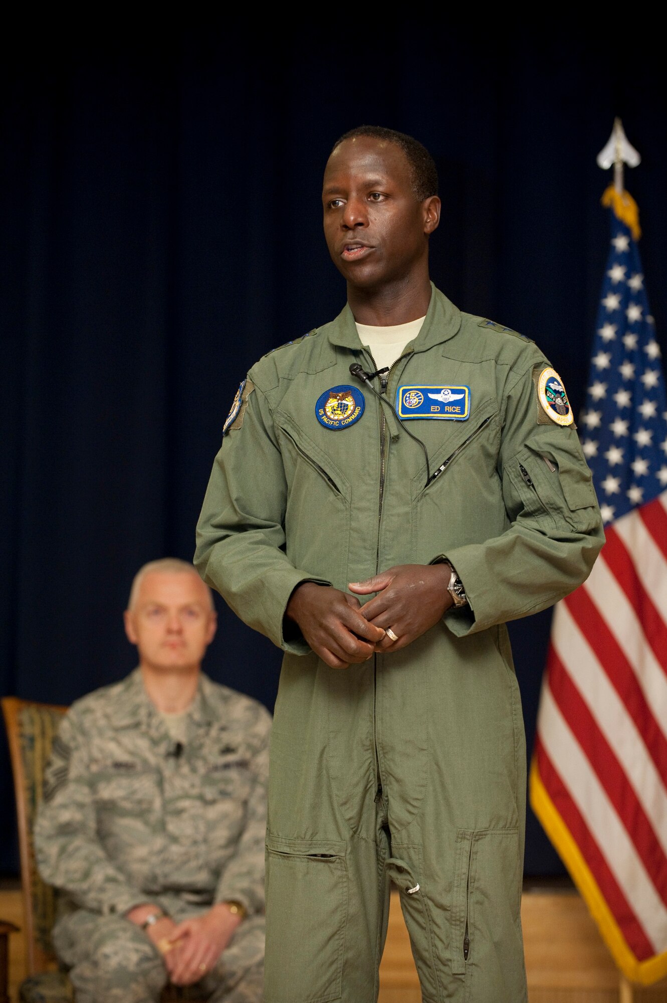 MISAWA AIR BASE, Japan -- Lt. Gen. Edward Rice Jr., U.S. Forces Japan and 5th Air Force commander, speaks to Airmen assembled at the Collocated Club April 22. General Rice awarded the 5th AF Company-Grade Officer, Senior NCO and Junior NCO of the Year awards to three Airmen from Misawa. (U.S. Air Force photo/Staff Sgt. Samuel Morse)