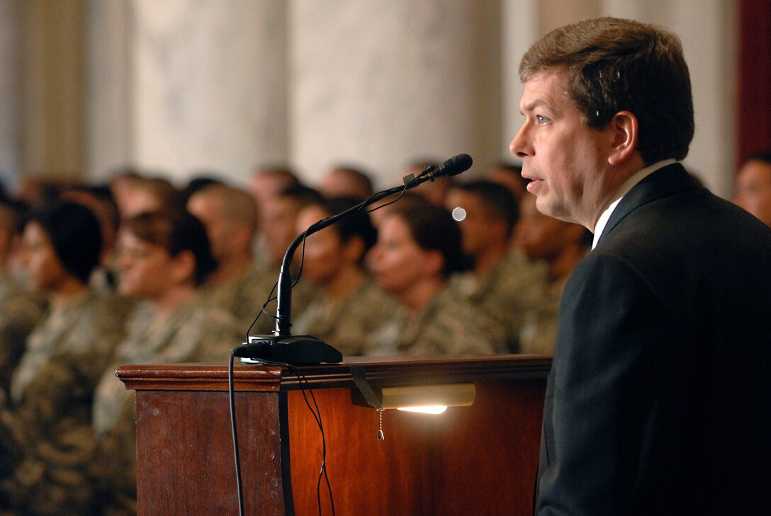 Senator Mark Begich of Alaska speaks during the fifth annual U.S. Army Reserve National Capitol Reenlistment Ceremony in the Kennedy Caucus Room of the Russell Senate Building, D.C., April 23, 2010.