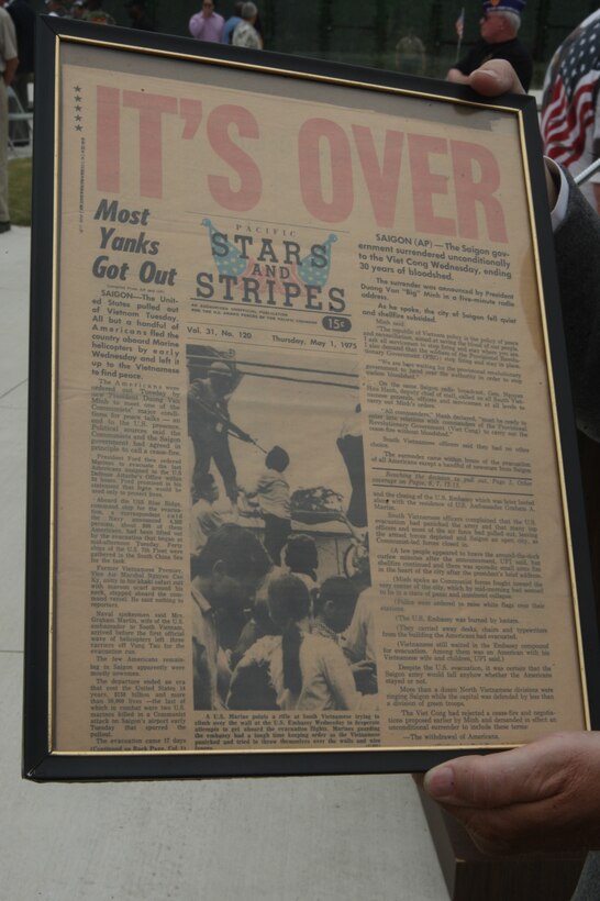 The May 1, 1975 edition of the Stars and Stripes, depicting the closing of the Vietnam War, was brought to the first Vietnam Recognition Day ceremony at the Vietnam Veterans Memorial portion of the Lejeune Memorial Gardens, April 24. Although peace was declared between governments in 1973, the fighting lasted two more grueling years.