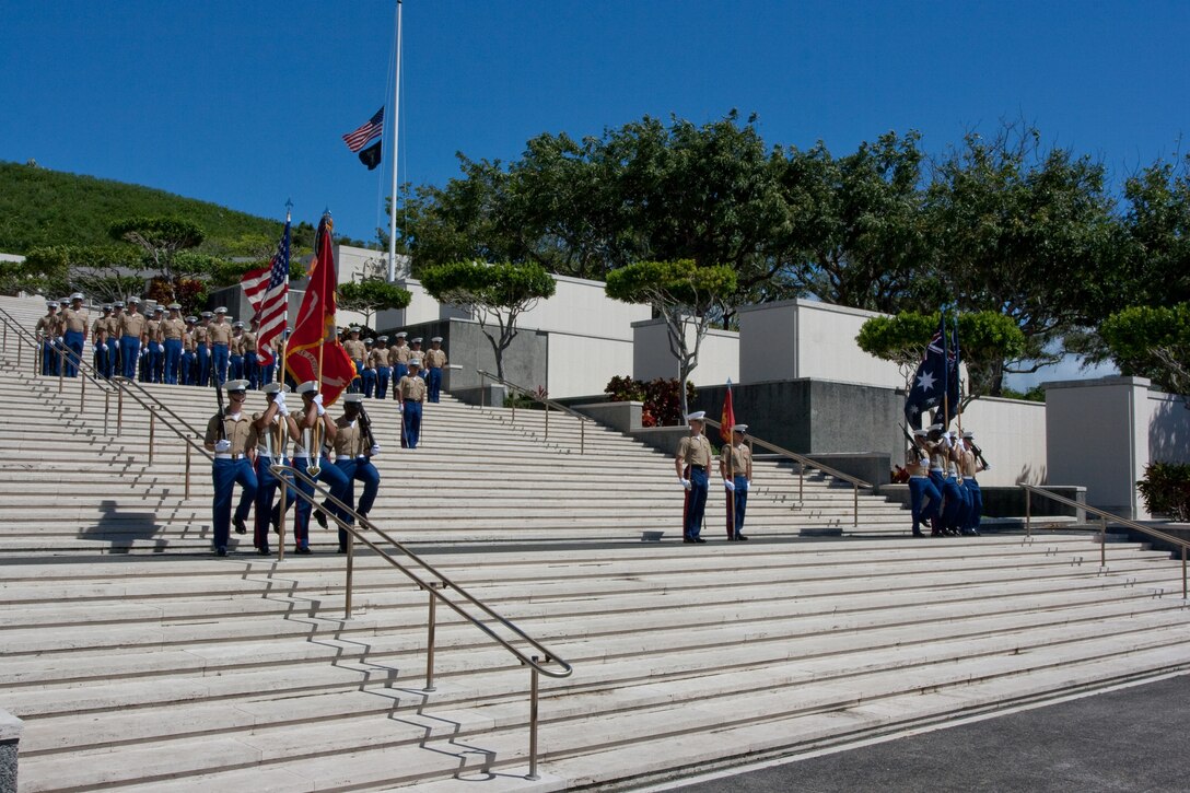 U.S. Marine Corps Forces, Pacific's Color Guard posts the colors April 25 at the National Memorial Cemetery of the Pacific (Punchbowl) Hawaii, during the 95th Annual Australian and New Zealand Army Corps Day Commemoration. ANZAC Day is observed in memory of the ANZAC's who have served and died in all wars.