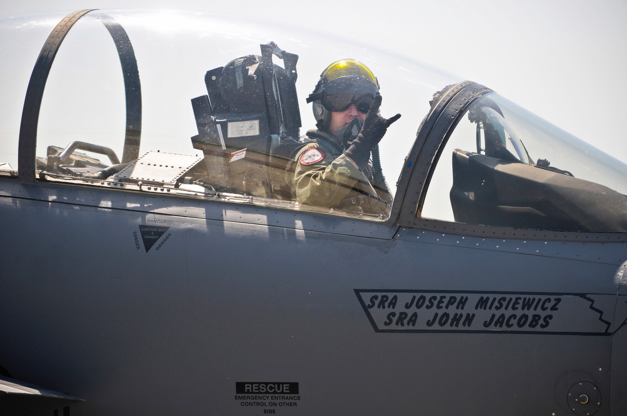 Maj. Gregory F. Craven, a U.S. Air Force pilot assigned to the 4th Fighter Wing at Seymor Johnson Air Force Base, N.C., taxies his F-15 Strike Eagle onto the flightline at the at the Kentucky Air National Guard Base in Louisville, Ky., on April 15, 2010. Major Craven and his Strike Eagle Demo Team are in Louisville this weekend to participate in Thunder Over Louisville. (U.S. Air Force photo by Senior Airman Maxwell A. Rechel)