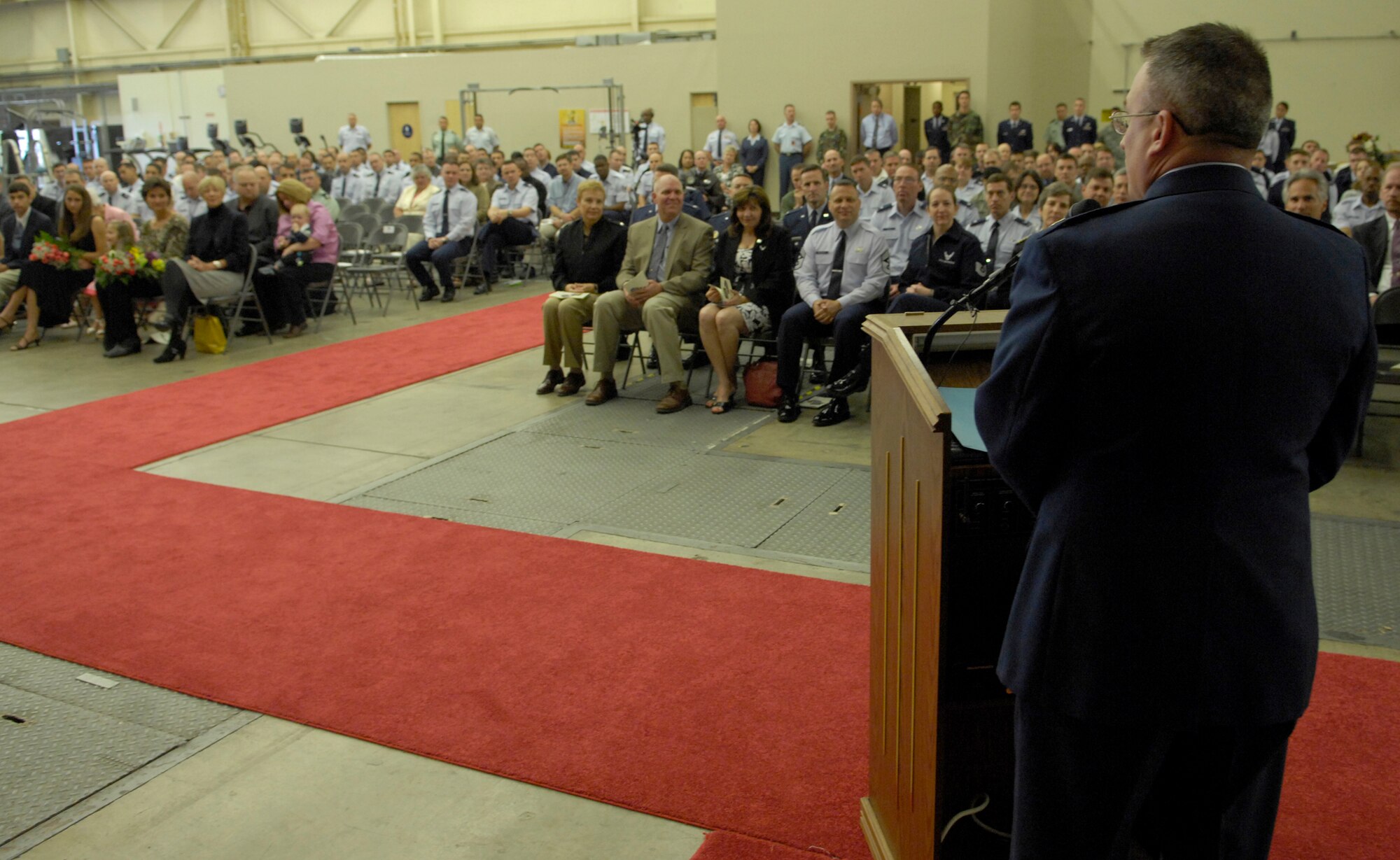 VANDENBERG AIR FORCE BASE, Calif. --  Col. John Moss speaks to an audience at the 614th Air and Space Operations Center change of command ceremony upon assuming command here Monday, April 26, 2010. Colonel Moss assumed command of the 614th AOC from Lt. Gen. Larry James, the 14th Air Force commander. (U.S. Air Force photo/Airman 1st Class Andrew Lee) 
 