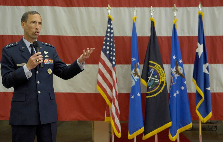 VANDENBERG AIR FORCE BASE, Calif. --   Lt. Gen. Larry James, the 14th Air Force commander, speaks at the 614th Air and Space Operations Center change of command ceremony here Monday, April 26, 2010.(U.S. Air Force photo/Airman 1st Class Andrew Lee) 
 