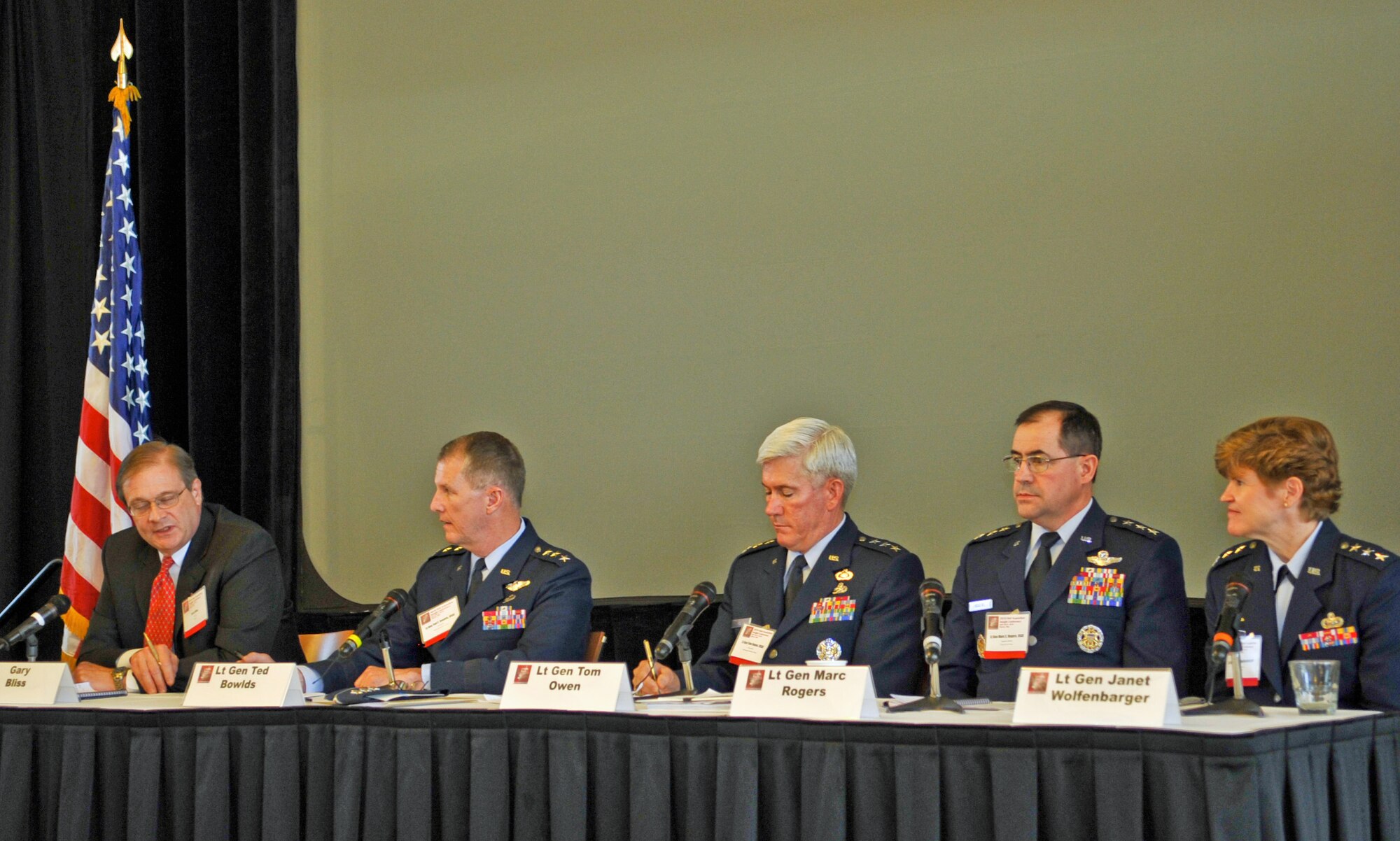 Mr. Gary Bliss is joined by senior Air Force leaders for a 3-star panel discussion during the DoD Acquisition Insight Conference April 20, 2010 at Sinclair Community College in Dayton, Ohio.  The conference, sponsored by the Defense Acquisition University, focused on challenges faced by the Department of Defense acquisition workforce.  Mr. Bliss is director of the Pentagon’s Performance Assessment and Root Cause Analysis office. Also pictured are Lt. Gen. Ted Bowlds, Electronic  Systems Center commander, Lt. Gen Tom Owen, Aeronautical Systems Center commander, Lt. Gen. Marc Rogers, Inspector General of the Air Force, and Lt. Gen. Janet Wolfenbarger, Air Force Materiel Command vice commander.  (DoD photo/Erica Kobren)