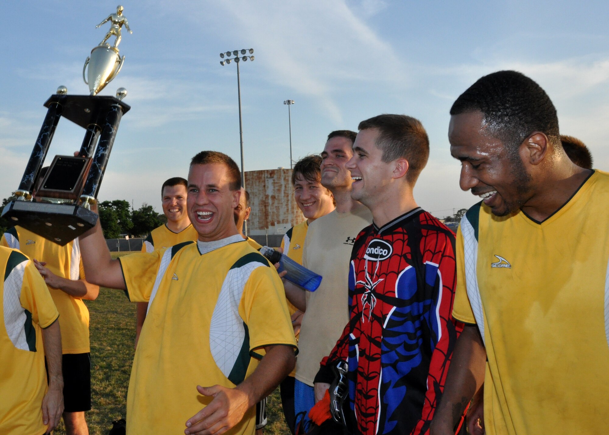 EGLIN AIR FORCE BASE, Fla. – the 46th Test Wing team celebrates winning the intramural soccer championship after beating the 53rd Wing 2-1 April 22. The 53rd team was the reigning champs, beating the 46th in a stunning sudden death shootout in overtime last year. (U.S. Air Force photo/ Airman 1st Class Anthony Jennings)