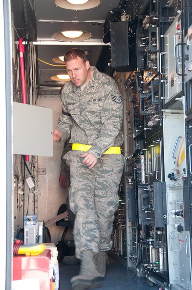 The 241st Air Traffic Control Squadron, 139th Airlift Wing, St. Joseph, Mo., conducts an operational readiness exercise (ORE) in anticipation of an operational readiness inspection (ORI) on April 8, 2010. Their ORI is scheduled for June of 2010. (U.S. Air Force photo by Master Sgt. Shannon Bond/Released)