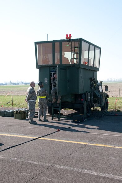 The 241st Air Traffic Control Squadron, 139th Airlift Wing, St. Joseph, Mo., conducts an operational readiness exercise (ORE) in anticipation of an operational readiness inspection (ORI) on April 8, 2010. Their ORI is scheduled for June of 2010. (U.S. Air Force photo by Master Sgt. Shannon Bond/Released)