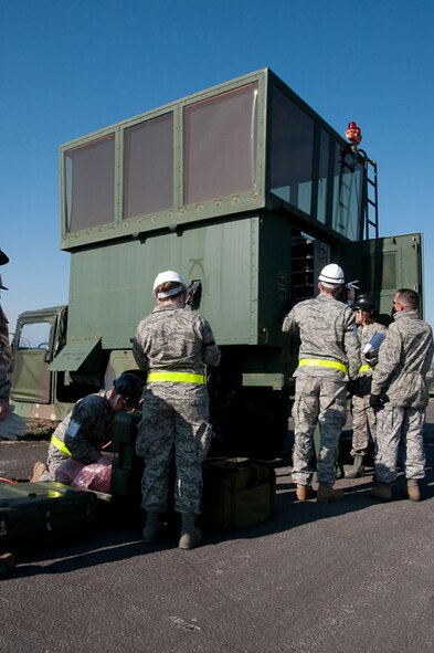 The 241st Air Traffic Control Squadron, 139th Airlift Wing, St. Joseph, Mo., conducts an operational readiness exercise (ORE) in anticipation of an operational readiness inspection (ORI) on April 8, 2010. Their ORI is scheduled for June of 2010. (U.S. Air Force photo by Master Sgt. Shannon Bond/Released)