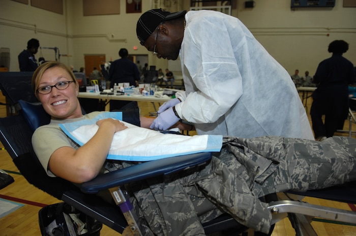 2nd Lieutenant Susan Carlson prepares to donate blood at the Red Cross Blood Drive held at the Fitness and Sports Center on Joint Base Charleston, S.C., April 21, 2010. This is the third Red Cross blood drive held on Joint Base Charleston this year. The local Red Cross goes as far north as Myrtle Beach, S.C., and as far south as Walterboro, S.C., to collect donations. Lieutenant Carlson is a Public Affairs officer with the 628th Air Base Wing. (U.S. Air Force Photo/Airman 1st Class Lauren Main)