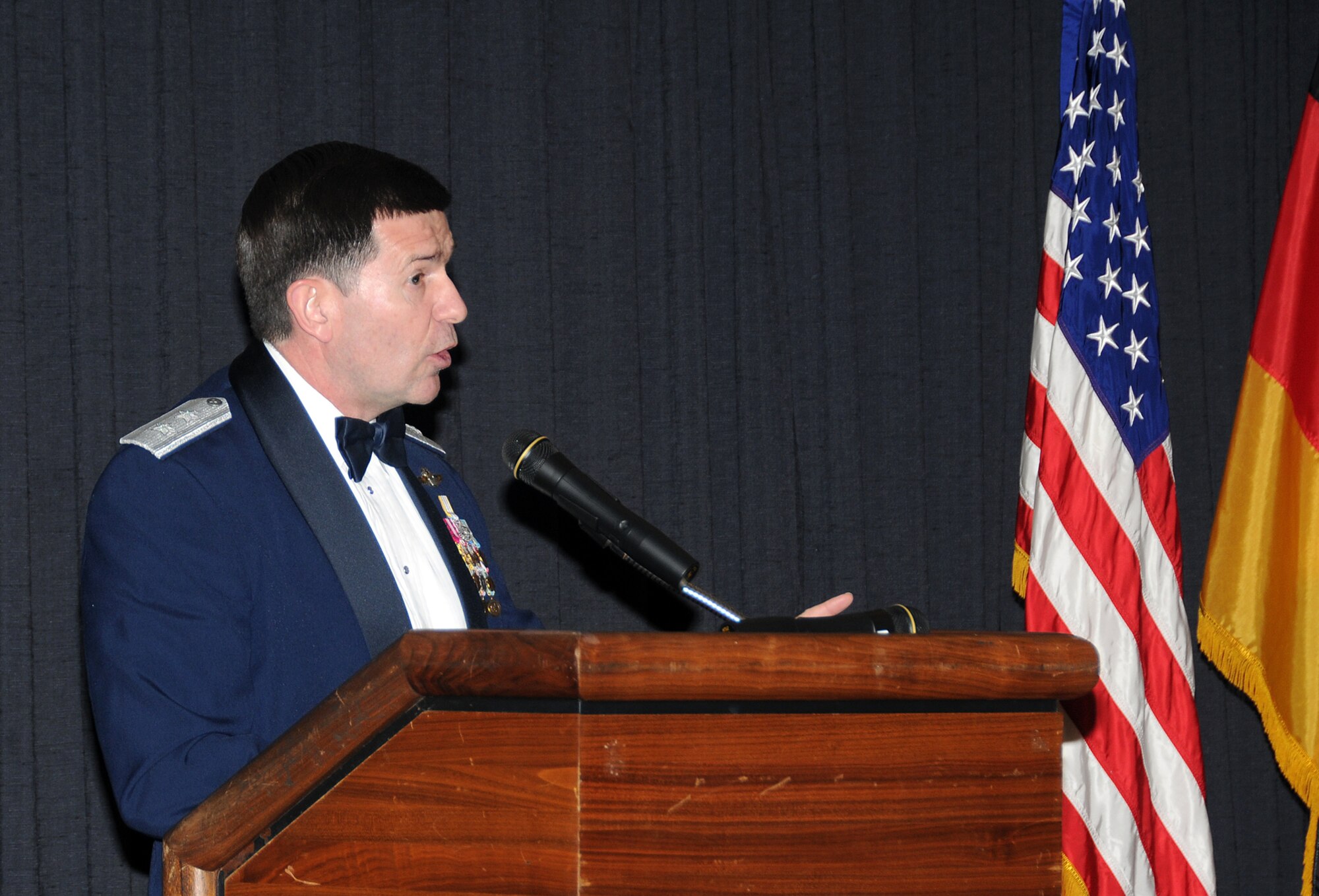RAMSTEIN AIR BASE, Germany -- Maj. Gen. Michael Snodgrass, Chief of Staff for U.S. Africa Command, addresses the gathering at the inaugural 17th Air Force Dining Out April 23, 2010 at the Officers Club here. He discussed the importance of camaraderie and the support provided by family members toward mission accomplishment. (U.S. Air Force photo by Master Sgt. Jim Fisher) 