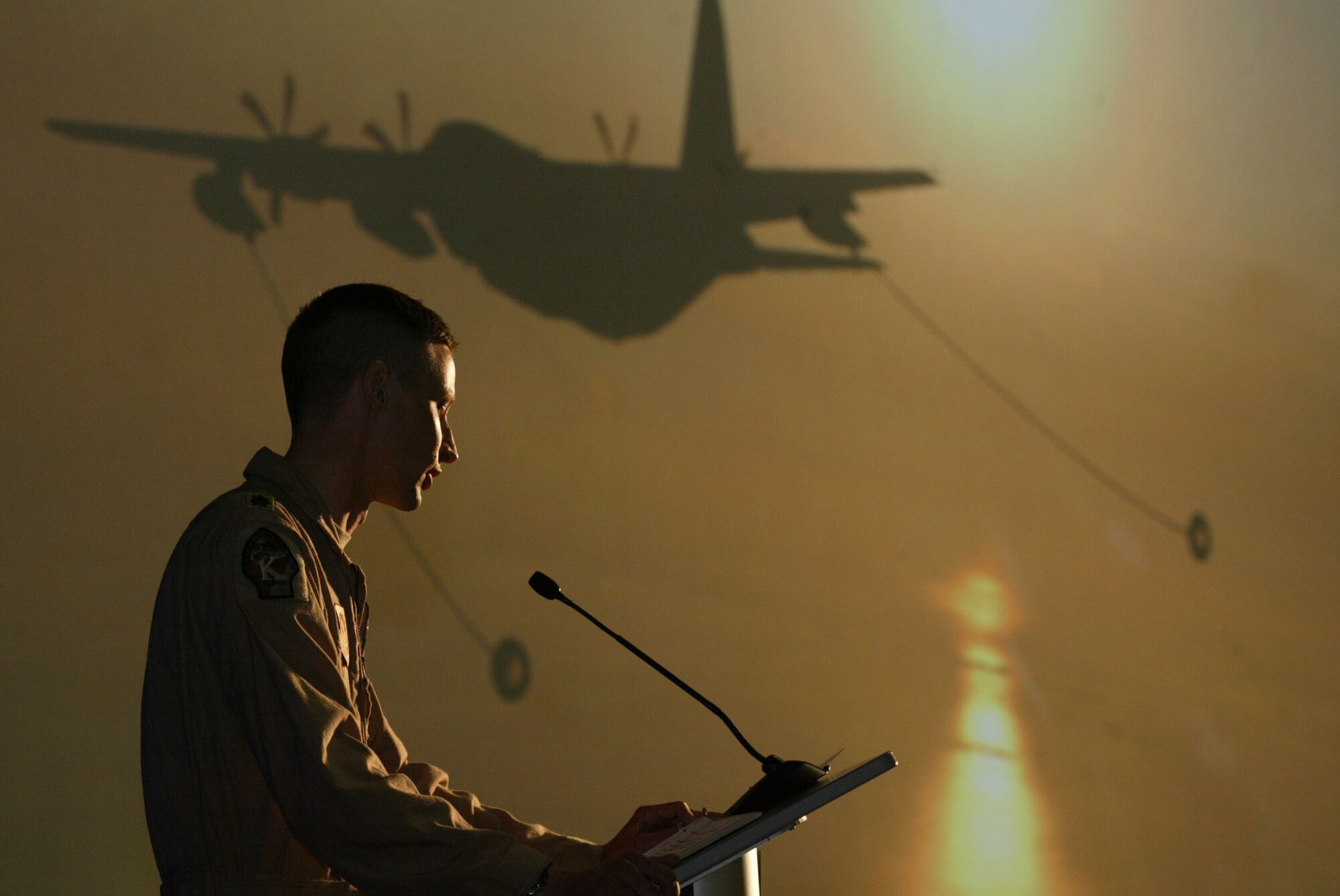 Maj. Aaron B. Griffith, Assistant Operations Officer, 71st RQS, Moody Air Force Base, Ga., presented an inspirational and realistic personnel recovery scenerio to approximately 300 invited guests consisting of Lockheed Martin team members and military personnel attending the Roll Out Ceremony of the new HC-130J Super Hercules combat rescue tanker.  His presentation painted a clear picture of how invaluable the HC-130J will be to future special operations, humanitarian, rescue and disaster relief missions. The aircraft was formally presented to the Air Force at the Lockheed Martin Aeronautics Company located in Marietta, Ga., Apr. 19.