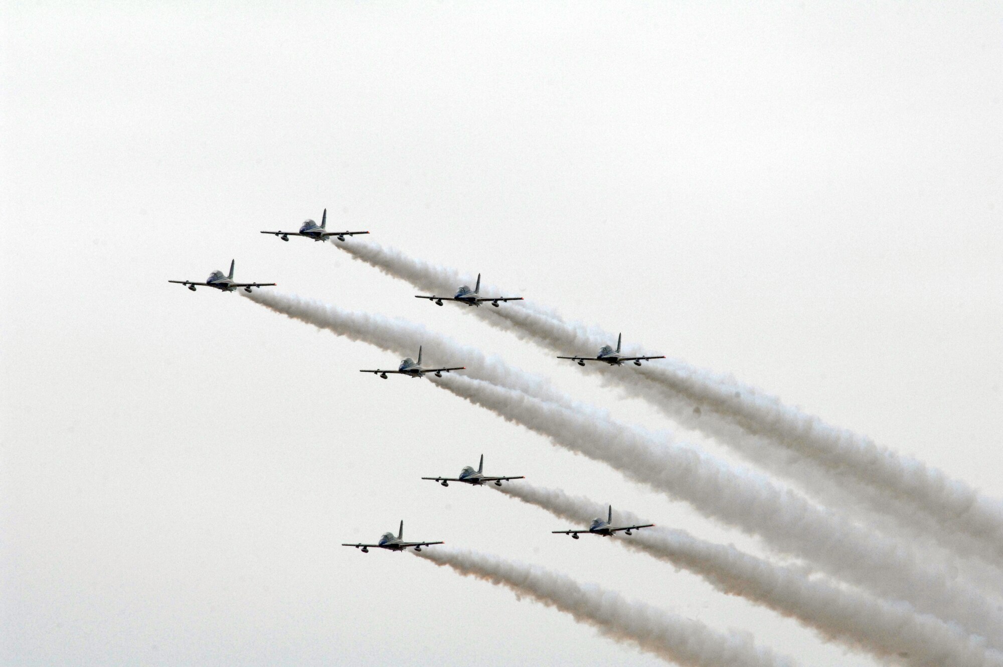 The Italian aerobatic team, Frecce Tricolori, perform a practice run April 23 over Aviano Air Base. Traditionally, the aerobatic team concludes their training here at Aviano the Friday prior to the beginning of their performance season. For more information on the Frecce Tricolori, visit www.freccetricolori.org. (U.S. Air Force photo/Staff Sgt. Julius Delos Reyes)
